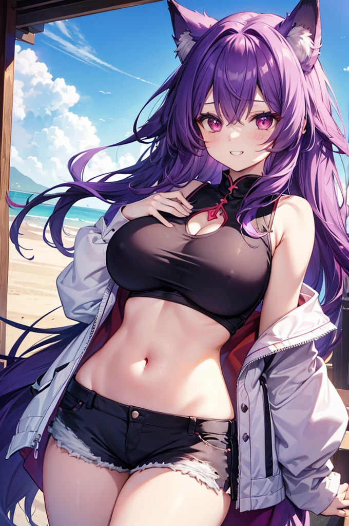 Fox Girl, Large Breasts, Voluminous purple hair, masterpiece , Red eyes, hd, Thick thighs, Head to Chest, buried in my chest、Underboob、Double teeth、tooth、Sleeveless shirt、Shorts、Chubby、Grinning