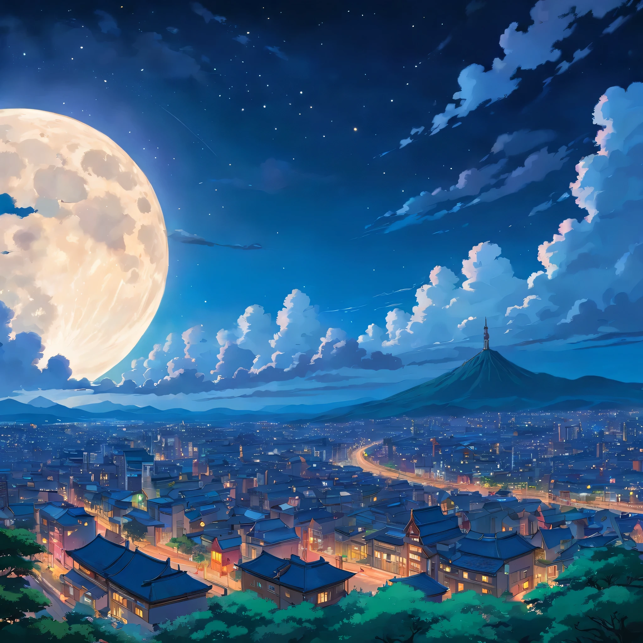 Stunning skyline A scene of the night sky featuring a full moon and clouds