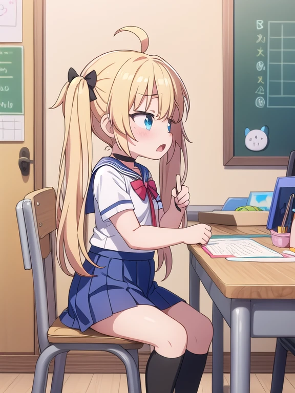 ((highest quality)), ((masterpiece)), (be familiar with), perfect face, long hair, twin tail, blonde hair, (((((toddler))))), white frilled clothing, open eyes wide, empty eyes, blue eye, black choker, ((surprised)), ((flabbergasted)), flustered, (((small breasts))), ahoge, black thigh-high socks, from side, school, sit on chair, study, blue checked skirt, Profile, pencil hold