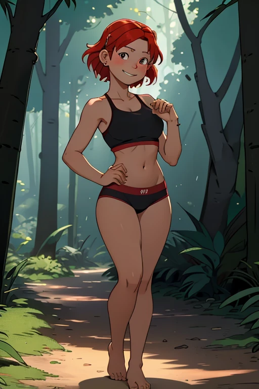 Beautiful 18 year old barefoot woman., with wavy short red hair, earrings, calm smile, wearing a black blindfold and sports bra, I&#39;m standing in the forest, with a butterfly in hand.