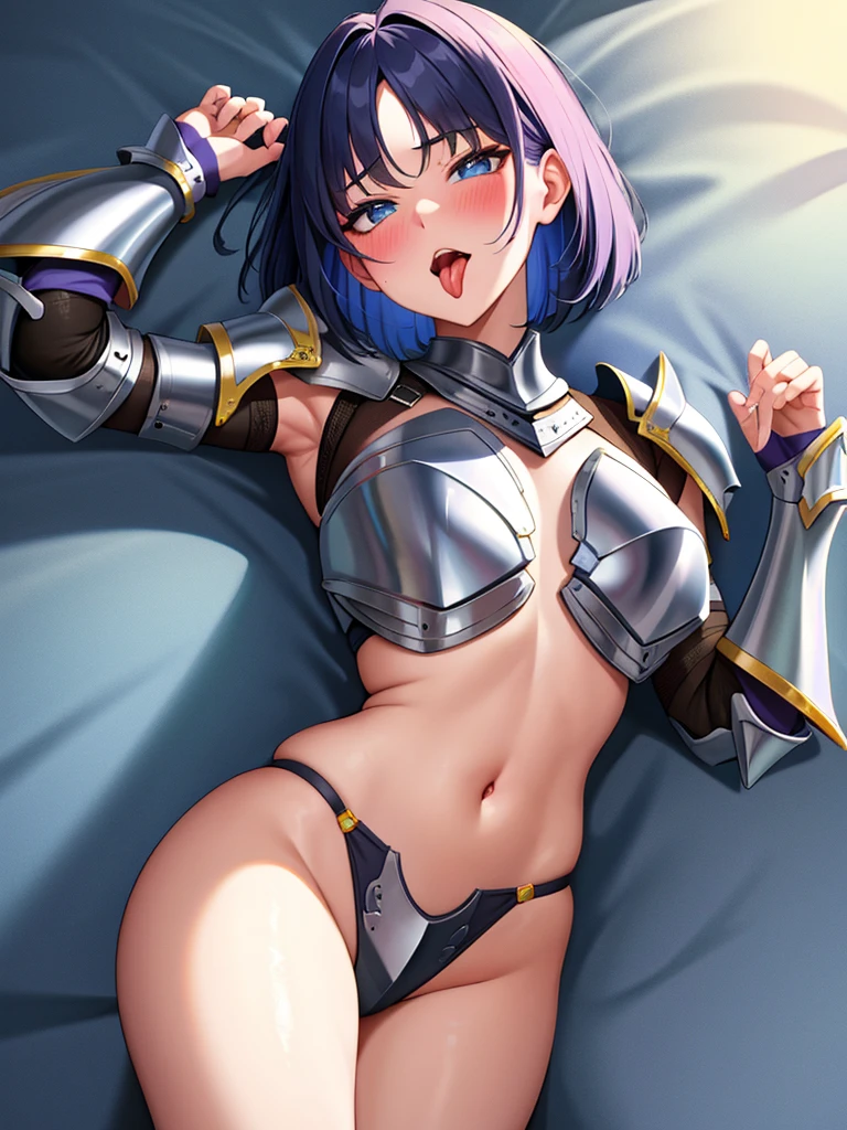 masterpiece, ultra-detailed, best quality, extremely detailed, 8k, high res, realistic, 1girl, 18yo, beautiful girl,(rolling eyes), (half closed eyes),(narrowed eyes:1.2),(open mouth), (tongue out:1.2),(blush:1.2),(Broken Armor:1.4),blue beautiful eyes, medium bob hair, asymmetrical parted bangs, (dark blue beautiful hair), navel exposed, cowboy shot,lie on one's back, looking at viewer,white background,