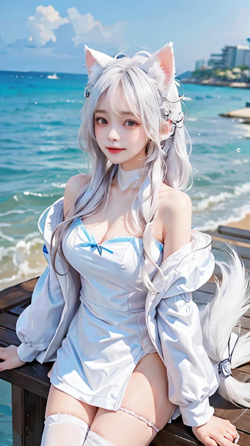 Please draw me a cute girl with white hair and a cat ear hoodie in ocean art.。Her hair is pure white、Swaying in the breeze and shining in the sunlight。A cat ear hoodie covers her head、It has adorable ears on it。Her eyes are deep blue like the sea、Behind it lies an infinite radiance。

She stands on the beach、She smiles as she strokes her hair, watching it flutter in the sea breeze.。Her smile makes me feel happy and calm.、It&#39;s as beautiful as the ocean waves gently lapping on the shore.。The fluffy material of the cat ear hoodie flutters in the wind.、It makes her adorable appearance stand out even more.。

Skin exposure is modest、Please draw her in a way that highlights her kindness and cuteness.。This beautiful girl is、With white hair and a cat ear hoodie fluttering in the wind、It is expressed as art that is integrated with the deep beauty of the sea.。