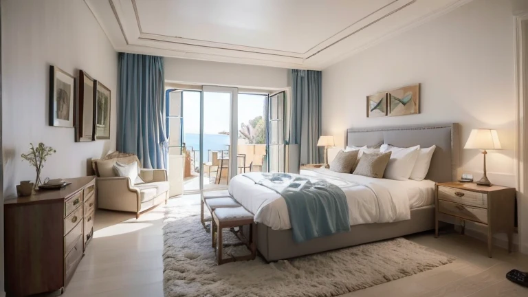 (Mediterranean style room: 1.6), warm and comfortable, white theme , Blue color, cinematic lighting, Studio lighting, bedroom, masterpiece, full interior equipment, high quality, high detail, three side view, hotel, wood door