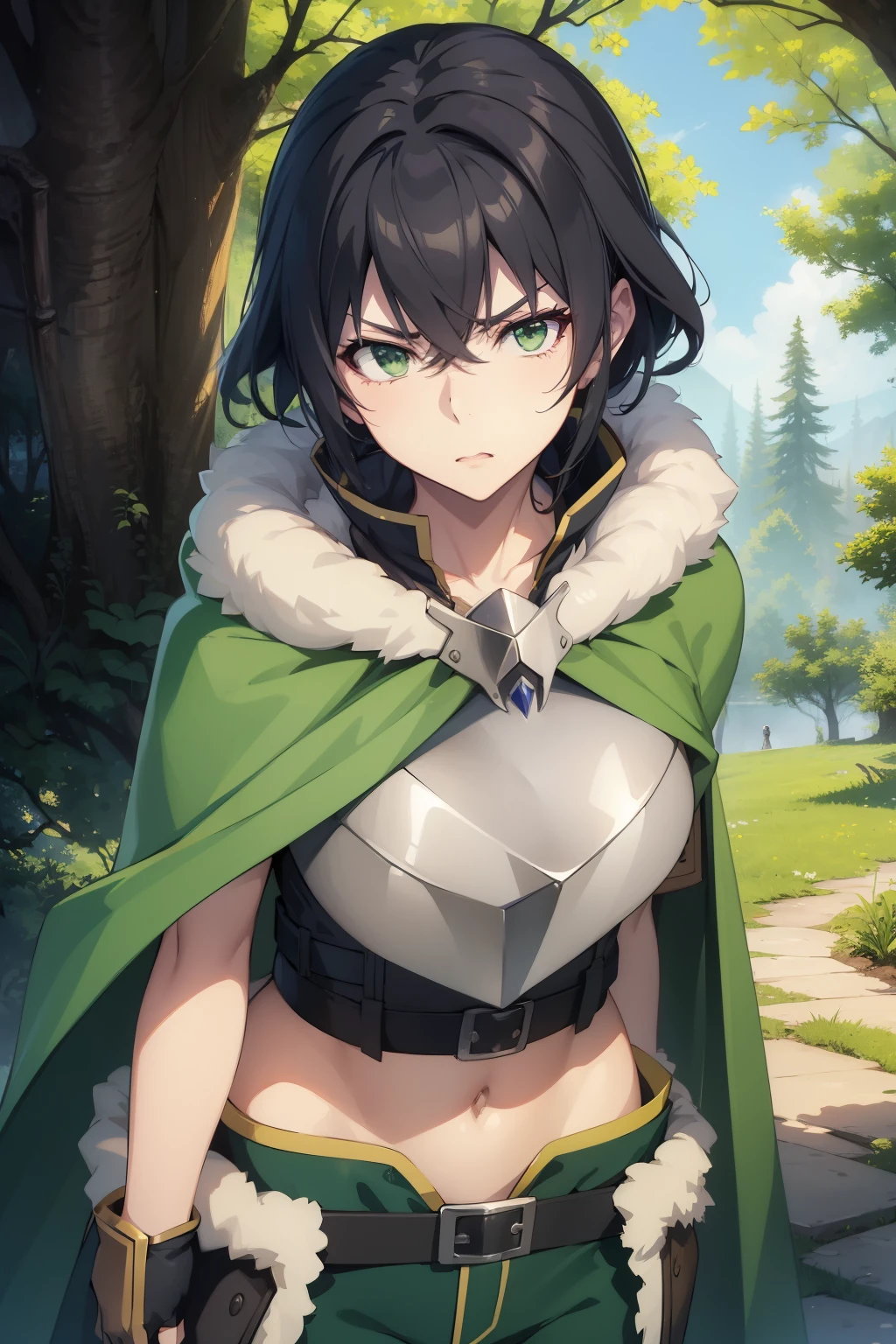 (masterpiece), best quality, expressive eyes, perfect face, highres, 1 girl, solo, (female body:1.3), iwatani naofumi girl , angry , black hair, green eyes, fur trim, armor, green cape, pants, fingerless gloves, outdoor , one shield , forest, trees, standing, portrait, 