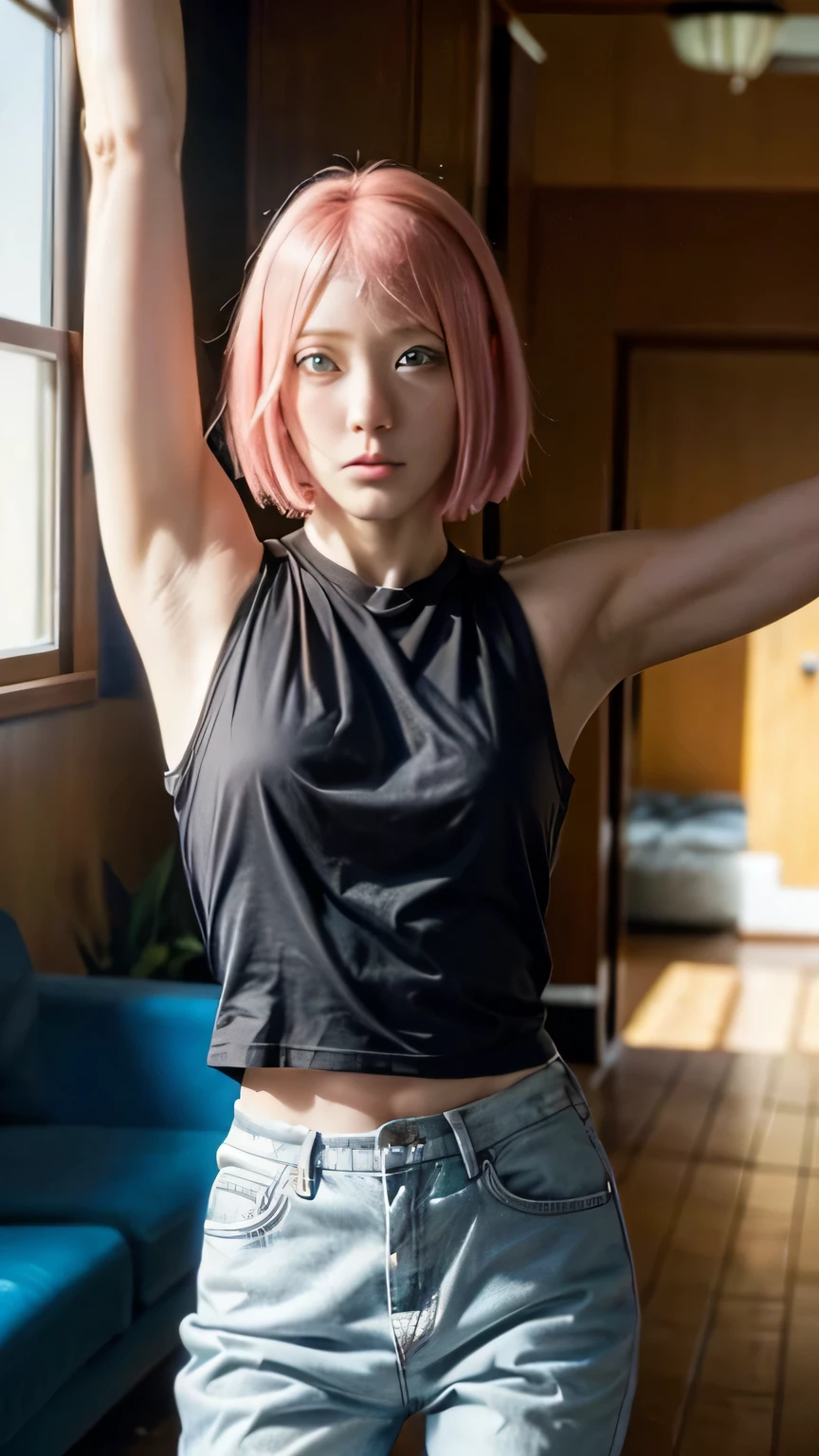 masterpiece, ,(solo:1.1), perfect face, (bright lighting:1.2),beautiful detailed eyes, extremely detailed face, perfect lighting,masterpiece, best quality, 1girl,haruno sakura, open arms, armpit, sexy pose, short pants, black tanktop