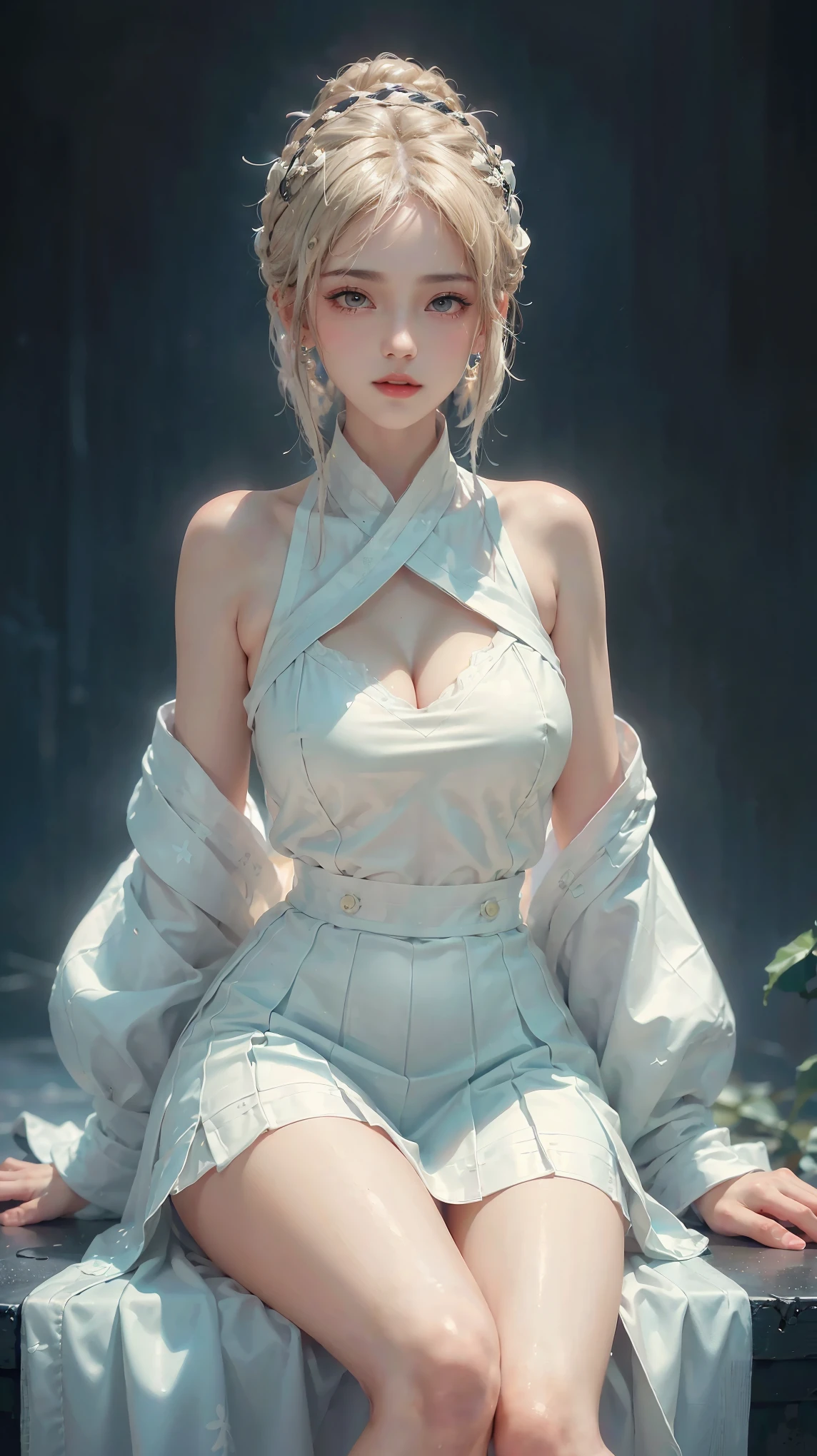 BAINV, (full body), ((Sitting)), ((Bare shoulders)), ((Very short skirt)), ((Showing off her sexy long legs)), (Surrealism), (illustration), (Resolution enhancement), (8k), (Very detailed), (Best illustration), (Beautiful and delicate eyes), (best quality), (Ultra Detailed), (masterpiece ), ( wallpaper), (Delicate face),A blonde, curls,(High top fade in and out:1.3), (Smile brightly, Bright appearance), dark theme, Soothing tone, Soft colors, High contrast, (Natural skin texture, Surrealism主义, Soft Light, impatient),Exposure Blending, Medium shot, Bokeh, High contrast, (Movie, Cyan and Orange:0.85), (Soft colors, fade, Soothing tone:1.3), High Saturation, (Ultra Detailed:1.2),(Large Breasts :1.2)