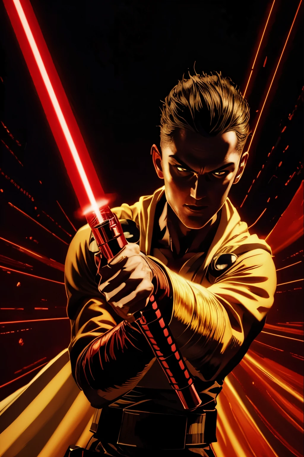 "(best quality,highres),sexy male jedi knight,beautiful detailed eyes,long eyelashes light tan robe, holding a red lightsaber, portraits,star wars background,vivid colors,studio lighting"