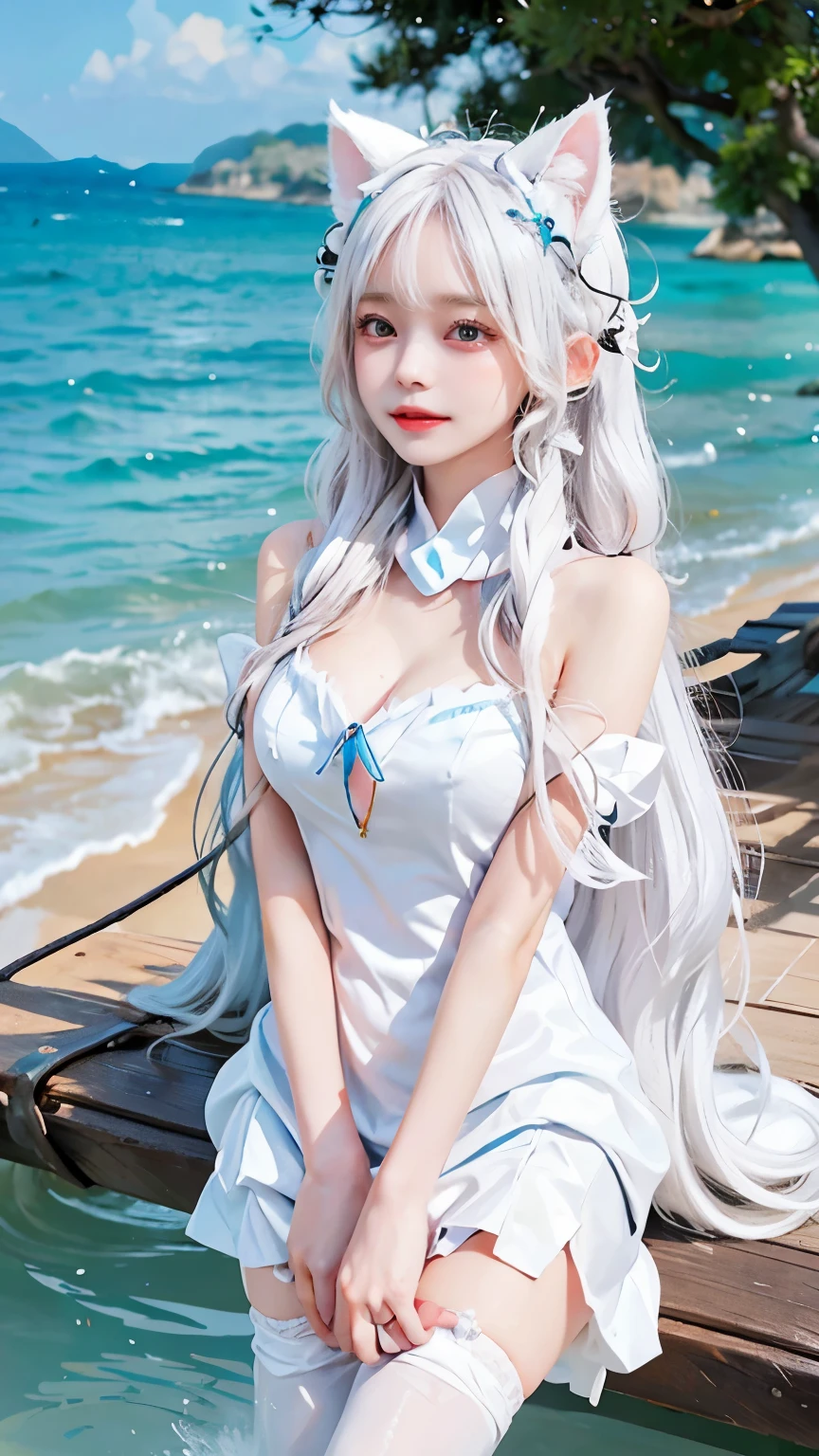 Please draw me a cute girl with white hair and a cat ear hoodie in ocean art.。Her hair is pure white、Swaying in the breeze and shining in the sunlight。A cat ear hoodie covers her head、It has adorable ears on it。Her eyes are deep blue like the sea、Behind it lies an infinite radiance。
She stands on the beach、She smiles as she strokes her hair, watching it flutter in the sea breeze.。Her smile makes me feel happy and calm.、It's as beautiful as the ocean waves gently lapping on the shore.。The fluffy material of the cat ear hoodie flutters in the wind.、It makes her adorable appearance stand out even more.。
Skin exposure is modest、Please draw her in a way that highlights her kindness and cuteness.。This beautiful girl is、With white hair and a cat ear hoodie fluttering in the wind、It is expressed as art that is integrated with the deep beauty of the sea.。