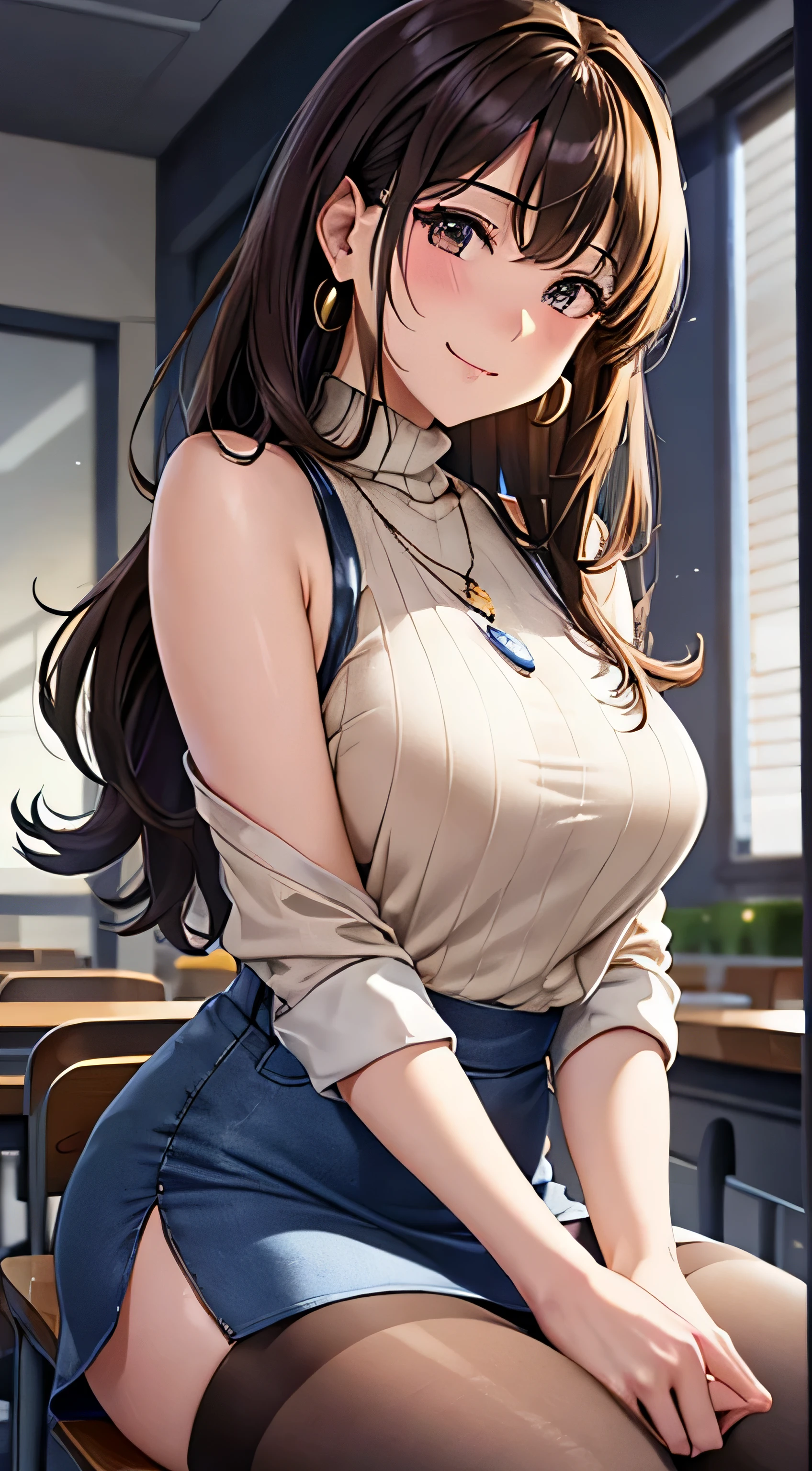 (Tabletop, highest quality, High resolution, , Perfect Pixel, 4K,), 1 girl, single, alone, Beautiful woman、I could see the whole body、 ((Wavy mid-length hair, bangs, Brown Hair)), ((Brown eyes, Beautiful eyelashes, Realistic eyes)), ((Detailed face, blush:1.2)), ((Smooth texture:0.75, Realistic texture:0.65, Realistic:1.1, Anime CG Style)), Medium chest, Dynamic Angle, Perfect body, ((, female teacher, , Earrings、necklace、Beige sleeveless turtleneck sweater、denim tight mini skirt、Black knee-high stockings、、、A shy smile、sit at a desk in the classroom、Touch your breasts with both hands)), Superior、、、evening、、(、、、Angle from below)、