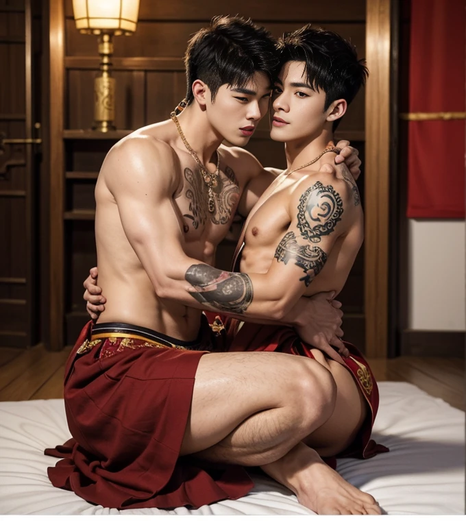 ( safe for work),Two handsome boys kissing, smiling at each other,hugging, kissing, touching lips, cuddle, romantic,skin ship, Chinese Men God, Mythology, realistic, Chinese odyssy, super Handsome,manly, kpop idol, handsome korean actor, 20 years old,, detailed face, manly jawline, detailed mess curly styling hair, Topless, Muscles, big breast Athlete body, Full Frame,full body shoots, Sexy, realistic, human skin, tattoo breast, Professional studio Lighting, long red tibet wedding Outfit, jade and golden pendent all over , detailed jewery in dress, earings,Chinese ancient wedding Background,out door, super detailed background,look at camera , open mouth, thin Underneathe Underwear, tibet Warrior, Hanfu red wedding dress, tibet Male, tibet Nobel, Seduce , bare chest , tattoo chest, tattoo arms, tattoo hands, tattoo back, tattoo legs , tattoo belly, big juicy butts, 