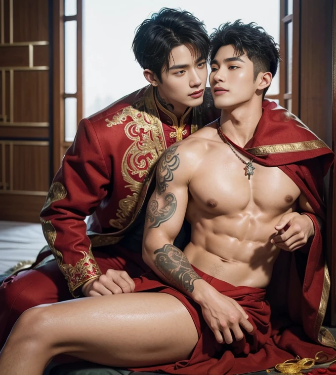 ( safe for work),Two handsome boys kissing, smiling at each other,hugging, kissing, touching lips, cuddle, romantic,skin ship, Chinese Men God, Mythology, realistic, Chinese odyssy, super Handsome,manly, kpop idol, handsome korean actor, 20 years old,, detailed face, manly jawline, detailed mess curly styling hair, Topless, Muscles, big breast Athlete body, Full Frame,full body shoots, Sexy, realistic, human skin, tattoo breast, Professional studio Lighting, long red tibet wedding Outfit, jade and golden pendent all over , detailed jewery in dress, earings,Chinese ancient wedding Background,out door, super detailed background,look at camera , open mouth, thin Underneathe Underwear, tibet Warrior, Hanfu red wedding dress, tibet Male, tibet Nobel, Seduce , bare chest , tattoo chest, tattoo arms, tattoo hands, tattoo back, tattoo legs , tattoo belly, big juicy butts, 