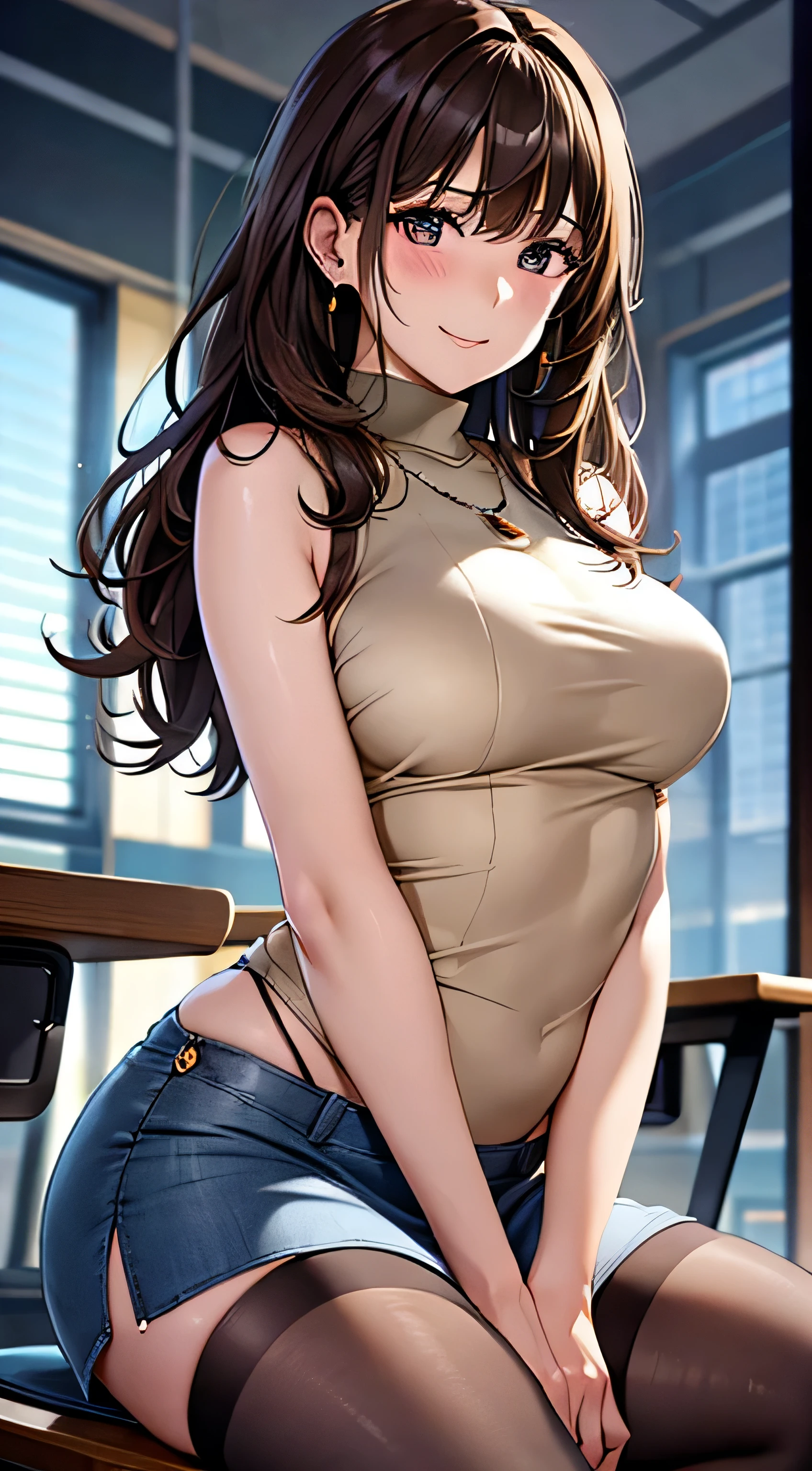 (table top, highest quality, High resolution, , perfect pixel, 4k,), 1 girl, single, alone, Beautiful woman、I could see the whole body、 ((wavy middle hair, bangs, brown hair)), ((brown eyes, beautiful eyelashes, realistic eyes)), ((detailed face, blush:1.2)), ((smooth texture:0.75, realistic texture:0.65, realistic:1.1, Anime CG style)), medium breasts, dynamic angle, perfect body, ((, female teacher, , earrings、necklace、white sleeveless turtleneck sweater、beige flared skirt、black knee high stockings、、get down on one knee、shy smile)), upper grade、、、evening、stand on the podium、during the lecture、(、(show side breasts)、angle from below)、