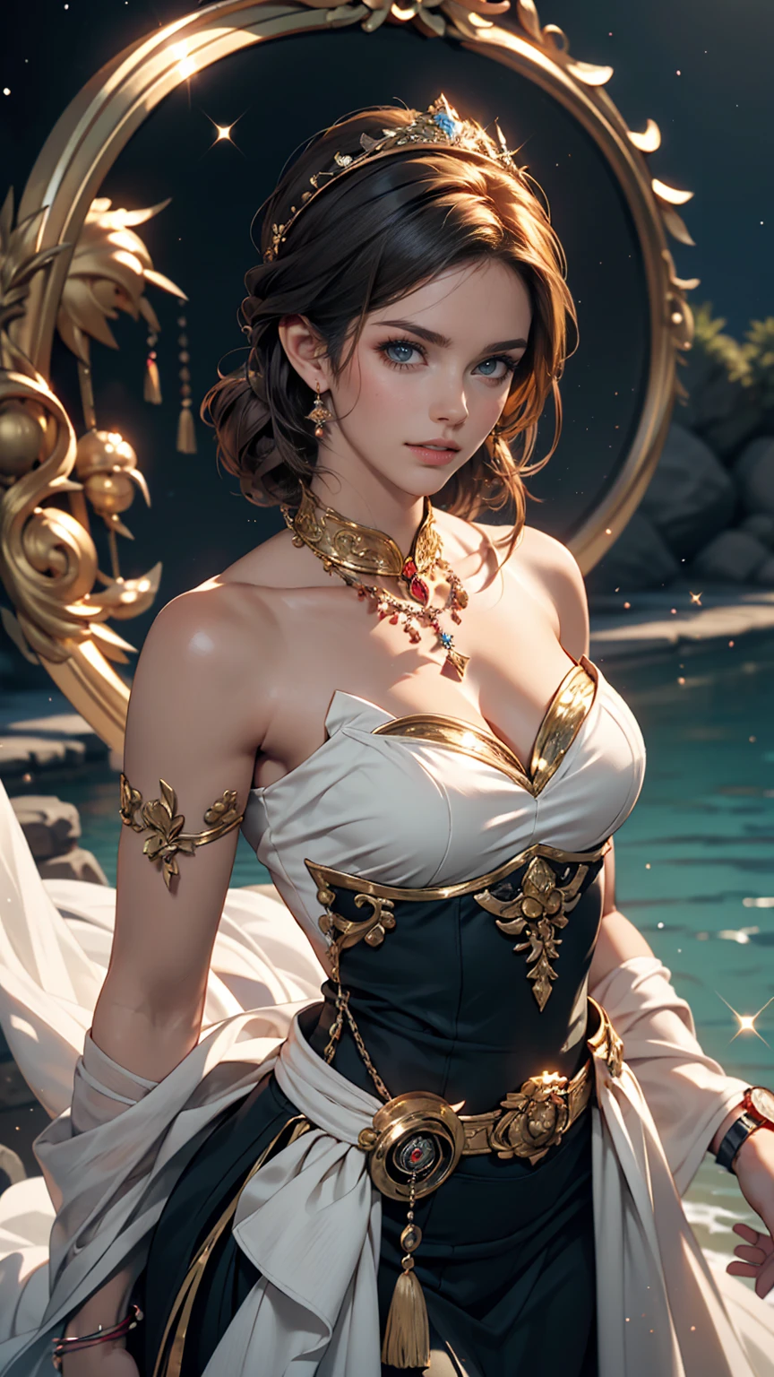( Absurd , high quality , Super detailed, Watch your hands )Zodiac sign - Goddess of Sagittarius , Similar to the goodness of Latin . Optimistic, fair, Funny and intelligent face . recklessness, Ruthless, impatient, overconfident style . Dark blue eyes (Eye details) , Sparkling deep blue hair , Transparent dress , In the sea of shining stars , whole body , Nature of fire , God Chiron