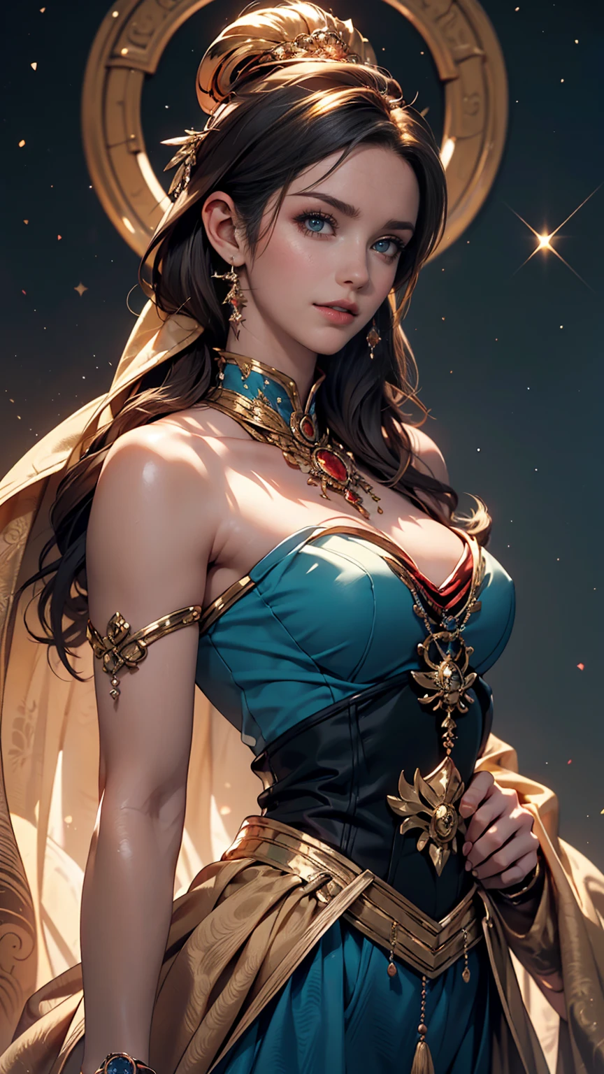 ( Absurd , high quality , Super detailed, Watch your hands )Zodiac sign - Goddess of Sagittarius , Similar to the goodness of Latin . Optimistic, fair, Funny and intelligent face . recklessness, Ruthless, impatient, overconfident style . Dark blue eyes (Eye details) , Sparkling deep blue hair , Transparent dress , In the sea of shining stars , whole body , Nature of fire , God Chiron