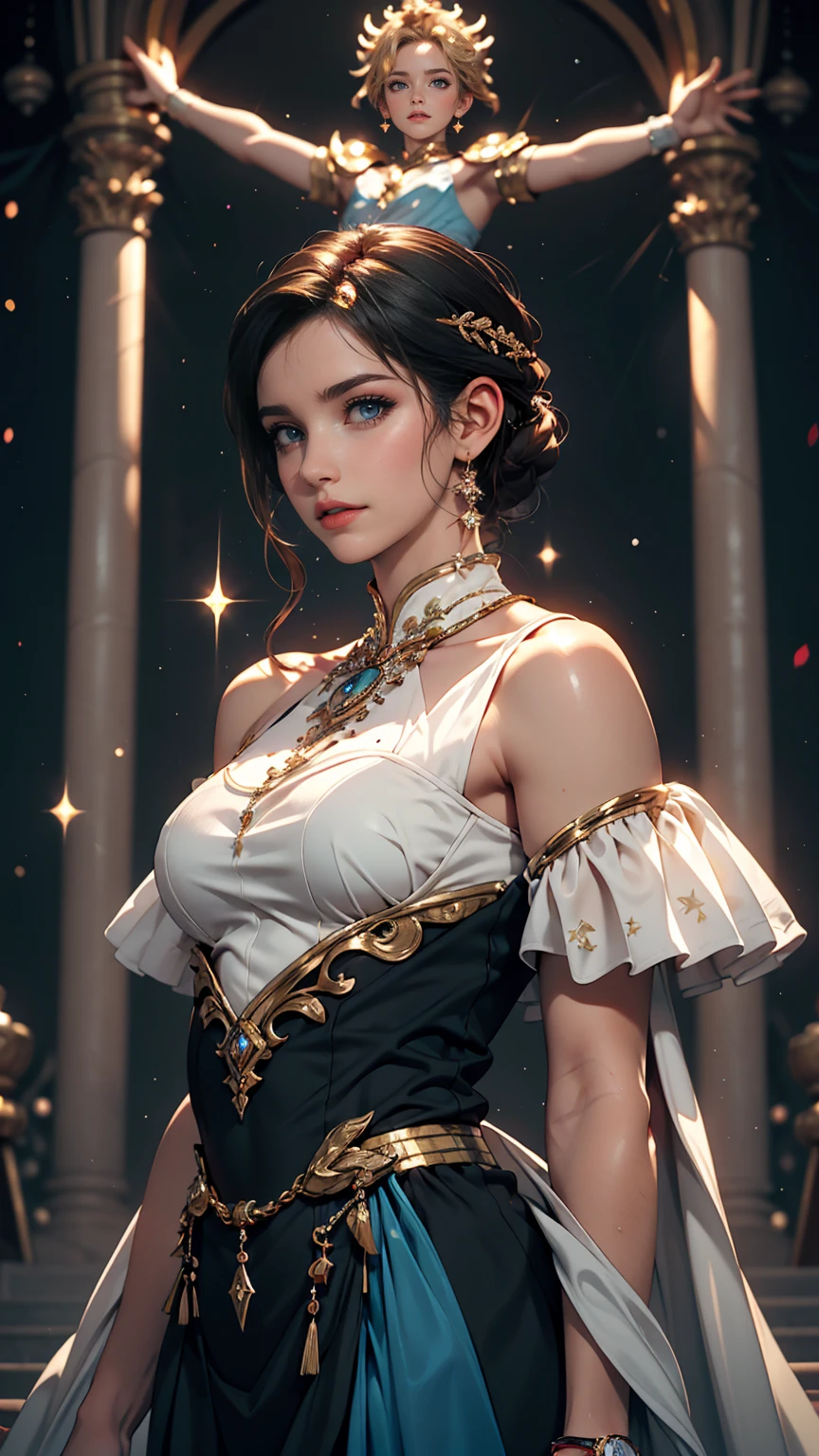 ( Absurd , high quality , Super detailed, Watch your hands )Zodiac sign - Goddess of Sagittarius , Similar to the goodness of Latin . Optimistic, fair, Funny and intelligent face . recklessness, Ruthless, impatient, overconfident style . Dark blue eyes (Eye details) , Sparkling deep blue hair , Transparent dress , In the sea of shining stars , whole body , Nature of fire , God Chiron