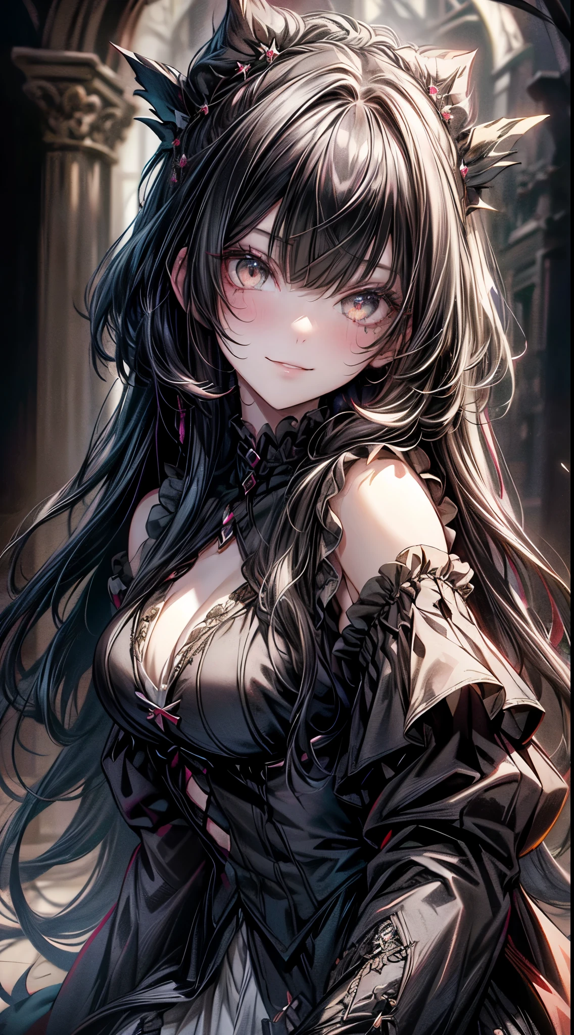 Pov , half body, a beautiful girl, extremely detailed beautiful face, bangs, black hair, long messy hair, grin, gothic setting, high detailed eyes make up, bright eyes,(((looking at viewer))), depth of field, best quality, masterpiece, highres, highly detailed, award winning photograpy