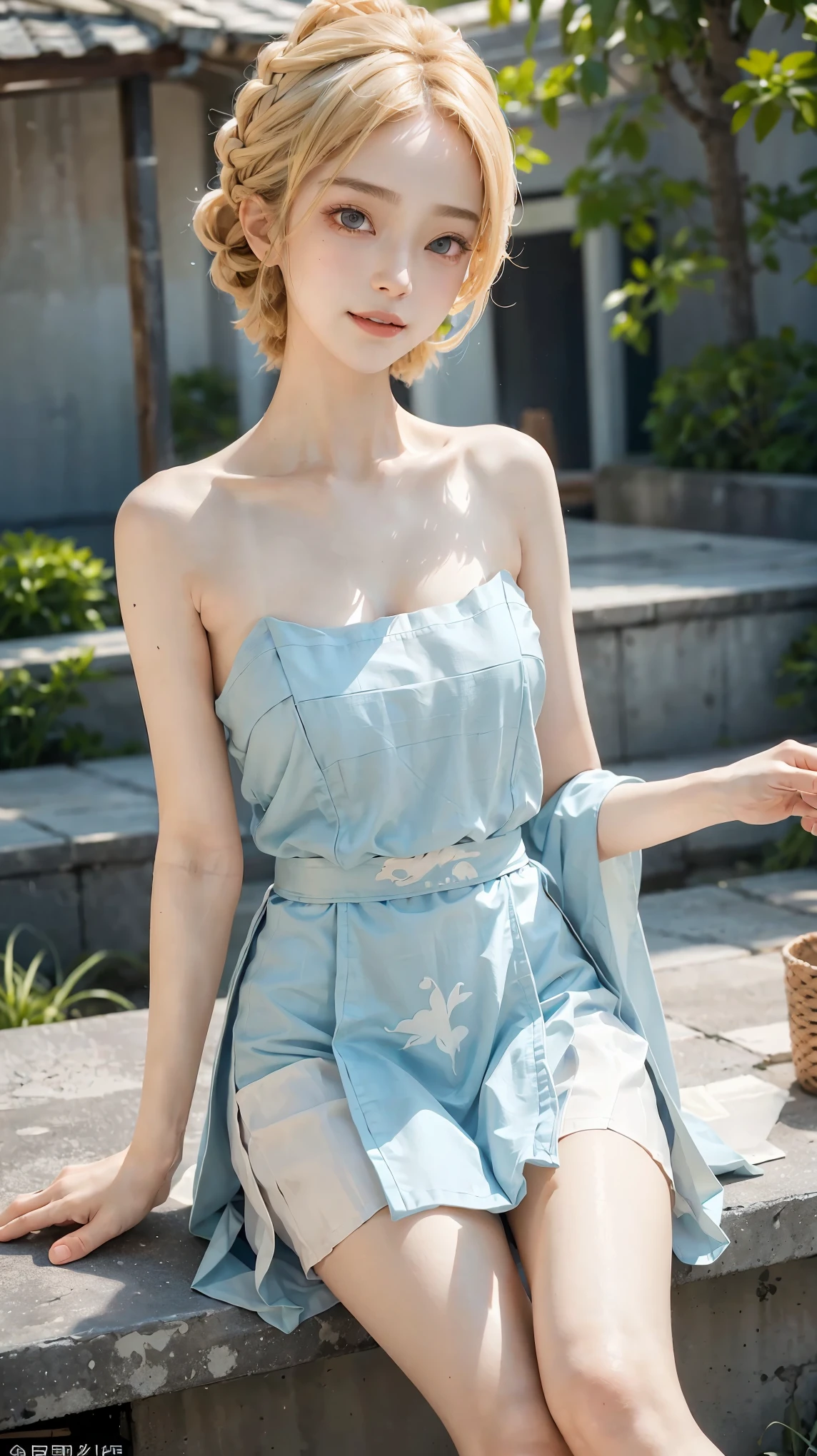 modern hanfu,collarbone, (full body), ((Sitting)), ((Bare shoulders)), ((Very short skirt)), ((Showing off her sexy long legs)), (Surrealism), (illustration), (Resolution enhancement), (8k), (Very detailed), (Best illustration), (Beautiful and delicate eyes), (best quality), (Ultra Detailed), (masterpiece ), ( wallpaper), (Delicate face),A blonde, curls,(High top fade in and out:1.3), (Smile brightly, Bright appearance), dark theme, Soothing tone, Soft colors, High contrast, (Natural skin texture, Surrealism主义, Soft Light, impatient),Exposure Blending, Medium shot, Bokeh, High contrast, (Movie, Cyan and Orange:0.85), (Soft colors, fade, Soothing tone:1.3), High Saturation, (Ultra Detailed:1.2),(Large Breasts :1.2)