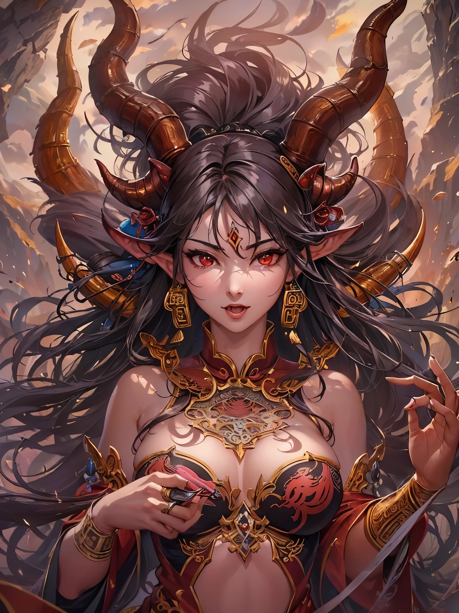 ((highest quality)),(Ultra-high resolution),(Very detailed),(Detailed Description),((The best CG)),(A masterpiece),Ultra-precise art,amazing drawing art,(Chinese fantasy art with intricate details:1.5), (Female Devil:1.7),(Beautiful and well-proportioned face:1.5),