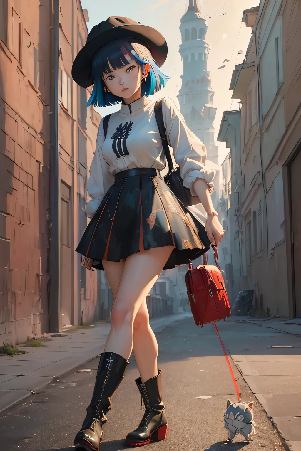 real、long legs、full、feminine、white shirt、mini skirt、high heel,very delicate face,realistic lighting and shading, (Very delicate and beautiful art)1.3, It's elegant,dramatic shadow、very detailed。high quality、High resolution、16k、RAW、超High resolution、super detail、(very delicate and beautiful)、very detailed、Real Shadows,from below, (Yuta Okuda)、 (Best Quality, Mastepiece, Official Art:1.8),(Hayao Miyazaki、Hideaki Anno:1.6), girl, Solo, (Wearing a red dress, Black boots, Cute hat, Black bob hair, Black Eye:1.2), Carry a rucksack, Perfect Anatomy, Walking bridge, break 、Caustics, Dynamic Lighting, Dark Sky, (High saturation colorful, :1.8), (James Brooks and Jackson Pollock:1.7), Bad Dream,(Structuralism in Russia:1.8), Colorful complex buildings, (Oil painting style:1.4), (Abstract painting:1.6), (Lyrical abstraction:1.8),(Confusing atmosphere:1.4), (The most colorful building ever:1.8),