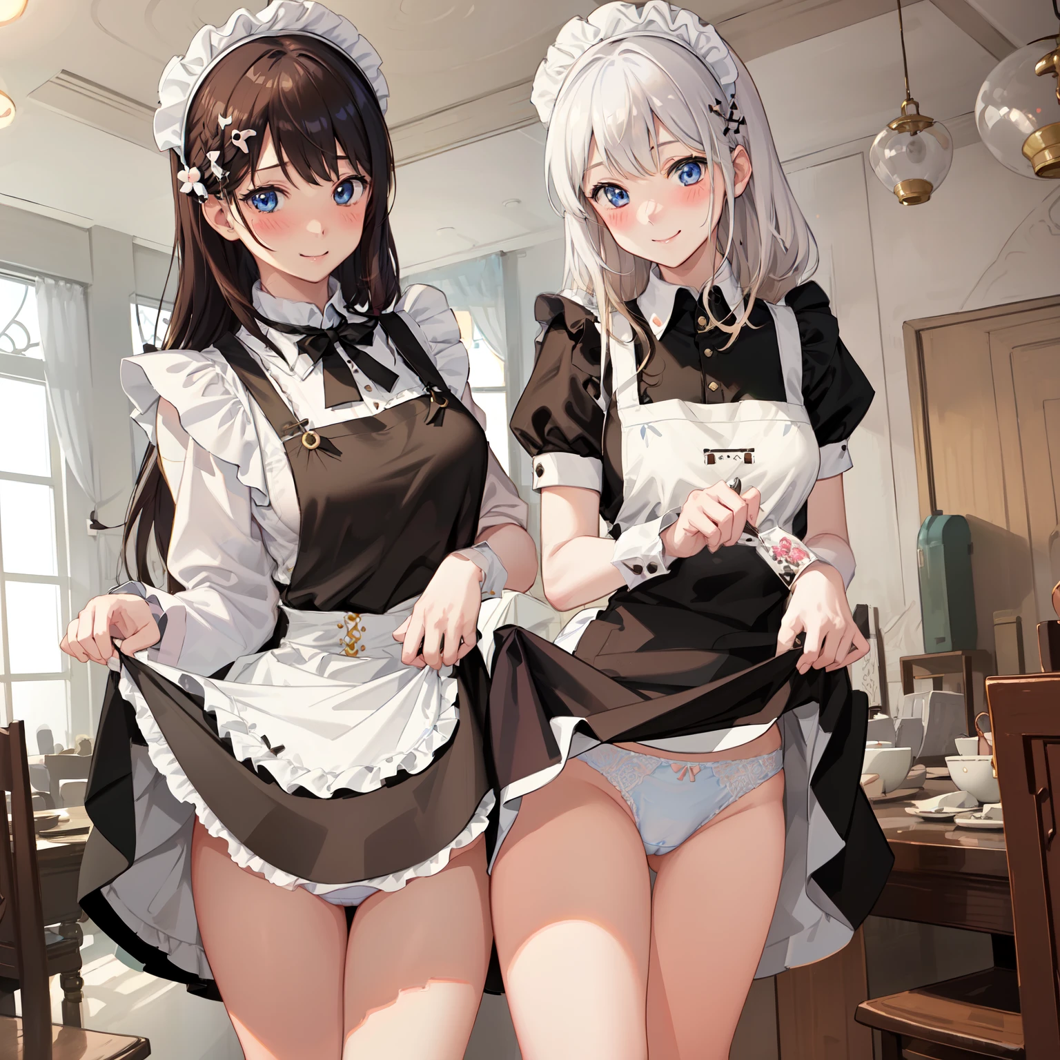 highest quality、masterpiece、((2 girls))、((smile:1.3))、(blush:1.3)、Black Shirt、blouse、((fun!!))、(Small breasts)、()、Blonde、()、((White apron:1.5))、((Maid))、((hair ornaments)),、Kamimei、look at me、 ((in house:1.5))、 Taking a break from watching the audience、Cowboy Shot、(Skirt lift:1.3),(Highly detailed white panties:1.3)、(Highly detailed panties:1.3)、、(スカート that rolls up:1.3)、(Panties fully exposed:1.5)、Light blue eyes、long hair、