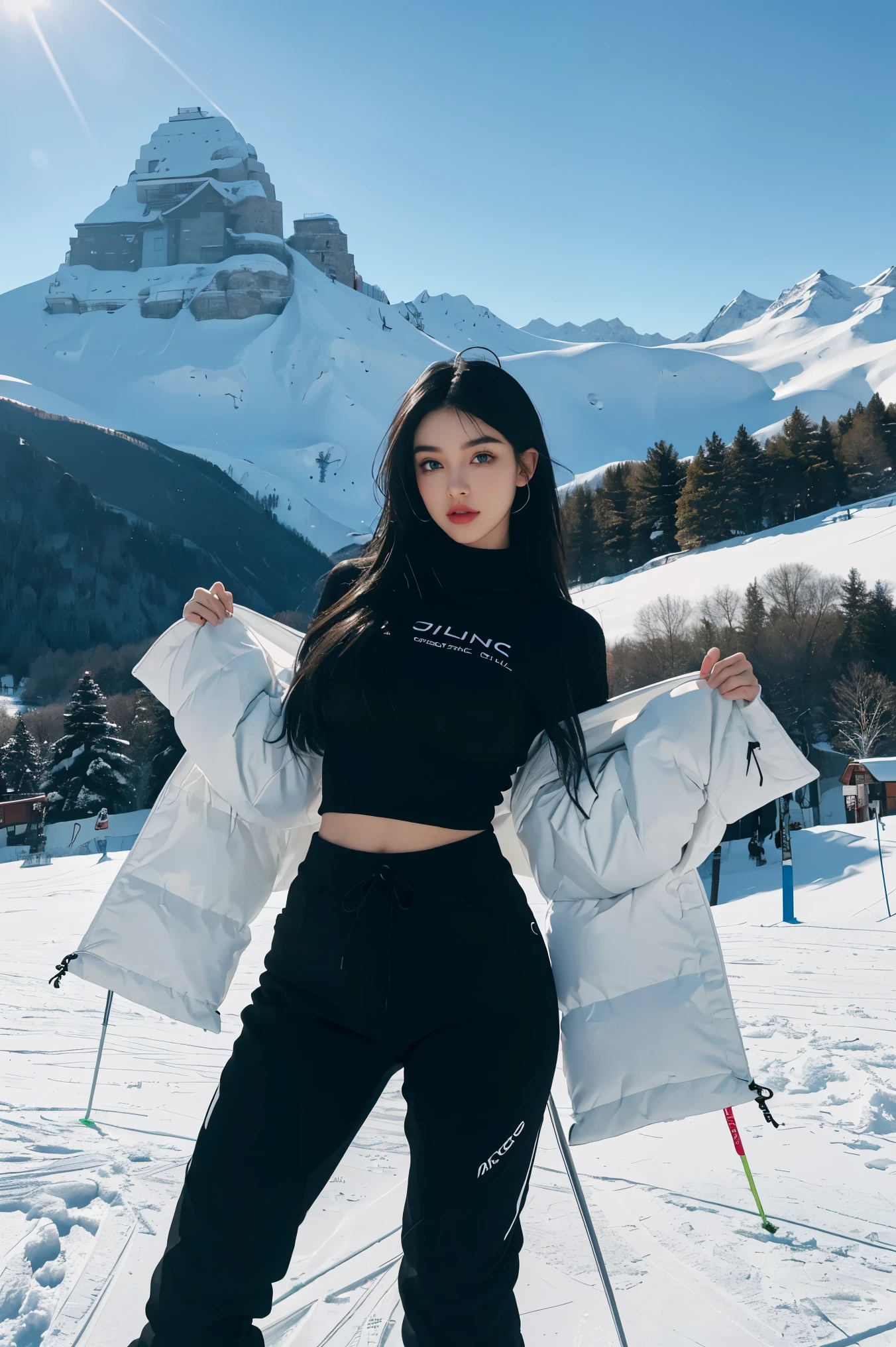 black hair, Madison Beer, Nicola Cavanis, ski pants, topless, 8K, top quality, 복잡한 Detail, very detailed content, ultra high resolution, masterpiece, enlargement, (whole body: 1.1), slim, laugh, (assembly: 0.4), (puffy blue eyes: 1.21), blue eye wool body)), 1 woman, Only, 1 girl, whole body, ((whole body)), enlargement, , ((High)), (((fit your body))), (((slimes Gesicht))), sharp Gesicht, sharp, hair without eyes, long hair)) , (Detailliertes Gesicht), sharp Gesicht, small lips, standing, ski pants, (ski pants), ((ski pants)), (((ski pants))) Detailliertes Gesicht, detail chest, , big 가슴, Detail, , Botox for chest, big, perfect body, Detail legs, (((black hair))), ((black hair)), (black hair), ski resort, (ski resort), ((ski resort)), (((ski resort))),