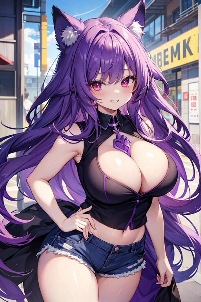 Fox Girl, Large Breasts, Voluminous purple hair, masterpiece , Red eyes, hd, Thick thighs, Head to Chest, buried in my chest、Underboob、Double teeth、tooth、Sleeveless shirt、Shorts、Chubby、Grinning