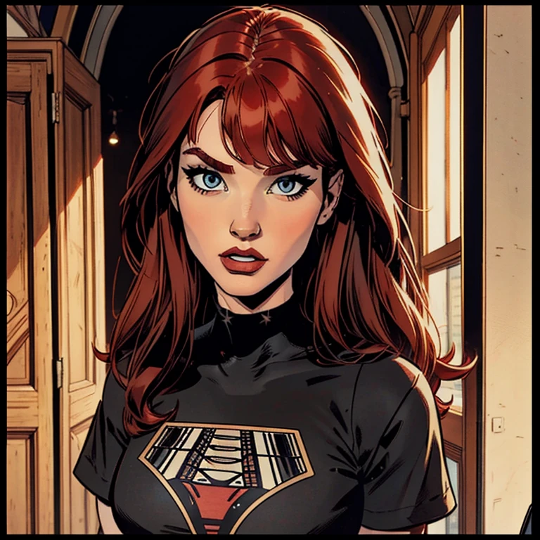 Draw a beautiful white redhead woman, she is wearing a black shirt, she has a long red hair with a long fringe, she has beautiful eyes, her face is pretty, very beutiful, high resolution, 4k, 8k, masterpiece, high detailed, american comic book style image