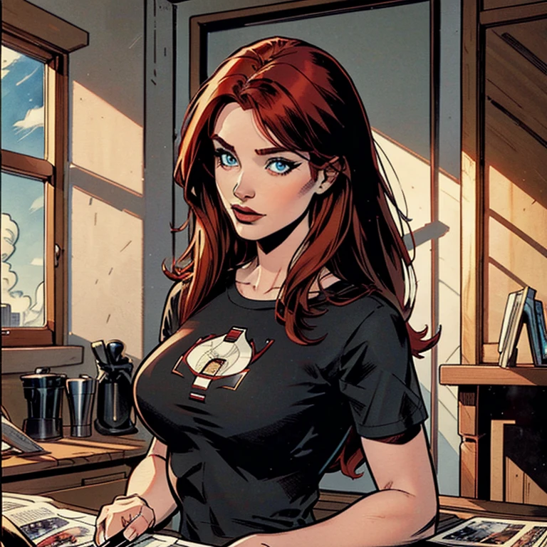 Draw a beautiful white redhead woman, she is wearing a black shirt, she has a long red hair with a long fringe, she has beautiful eyes, her face is pretty, very beutiful, high resolution, 4k, 8k, masterpiece, high detailed, american comic book style image