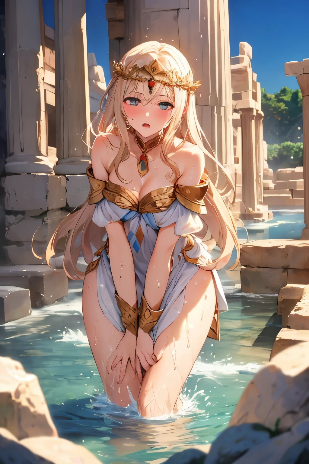 masterpiece, best quality, unity 8k wallpaper, illustration, very detailed, ((sexual harassment, rape,ache,1 goddess, first sound)), whole body, sweat, Warmth, Stiff, big bust ((In Greek and Roman mythology))(woman spreads her legs.))(((Water coming out between my legs.)))((many men touch themselves))((white transparent clothes))