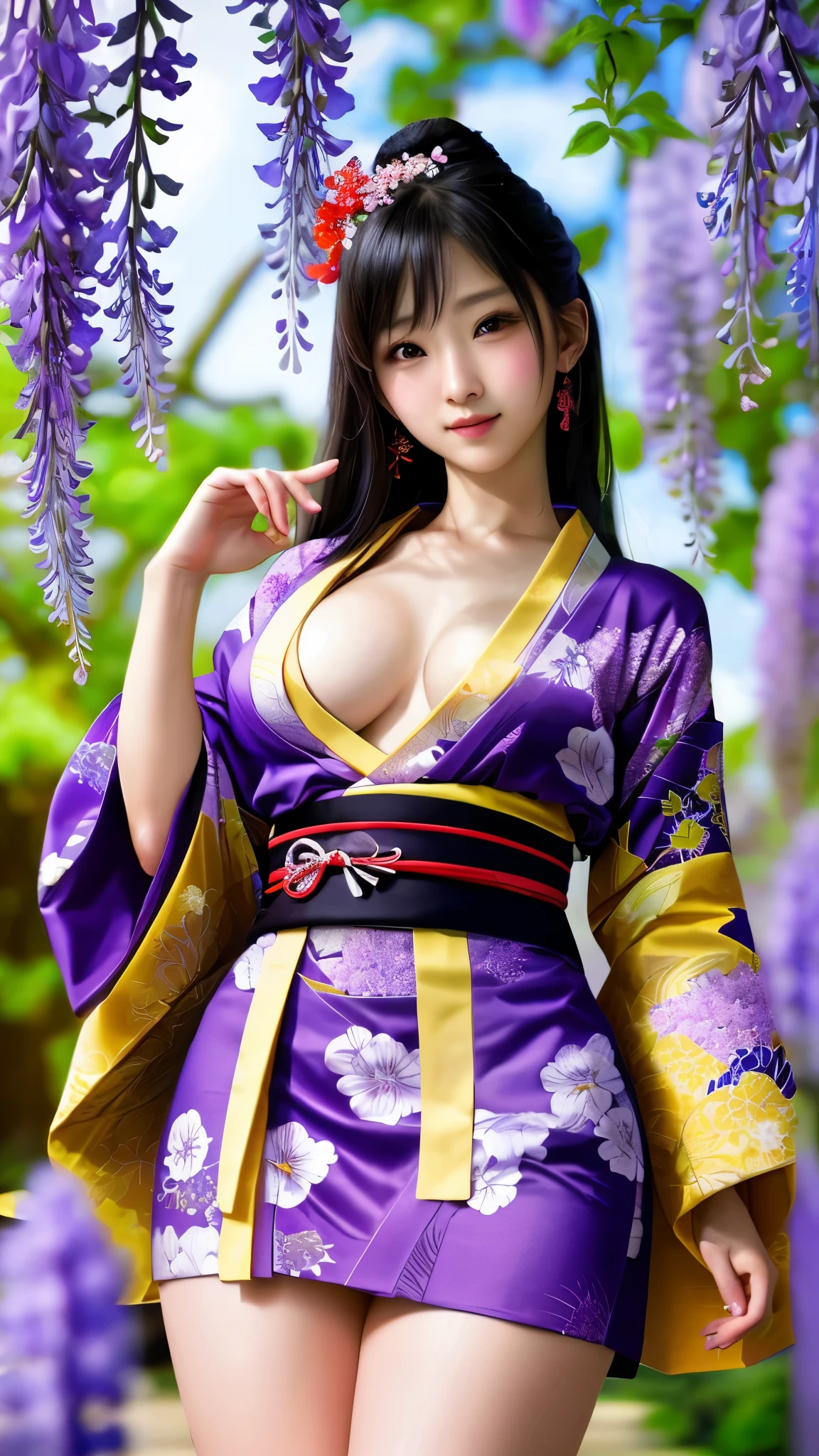 最high quality、high quality、Best image quality、8k、最High resolution、High resolution、最high quality、masterpiece、Detailed and realistic human body、Detailed and realistic skin、Realistic face in every detail、Realistic reproduction of every detail、Detailed and realistic lips、Detailed and realistic teeth、Detailed and realistic ears、Detailed and realistic hair、Detailed and realistic weapons、Realistic reproduction of every detail、Realistic fingers in every detail、(Beautiful Hands、thumb1reference4)、Realistic feet down to the last detail、((Beautiful Japanese Girl))、(Japanese Model), (Japanese women)、((18 year old beautiful girl))、(Black Hair)、(Random Hairstyles)、((whole body))、((Beautiful upward-facing breasts))、(Petite and slim body type)、(whole body光沢肌、Fair skin)、Soft natural light、Maiko-san、geisha、kimono、Long-sleeved kimono、yukata、Japanese tradition、Samurai Residence、Japanese garden、((Colorful floral pattern(丈が短いkimono))、((Under the wisteria tree(Poses to make your thighs look beautiful))、Angle from below