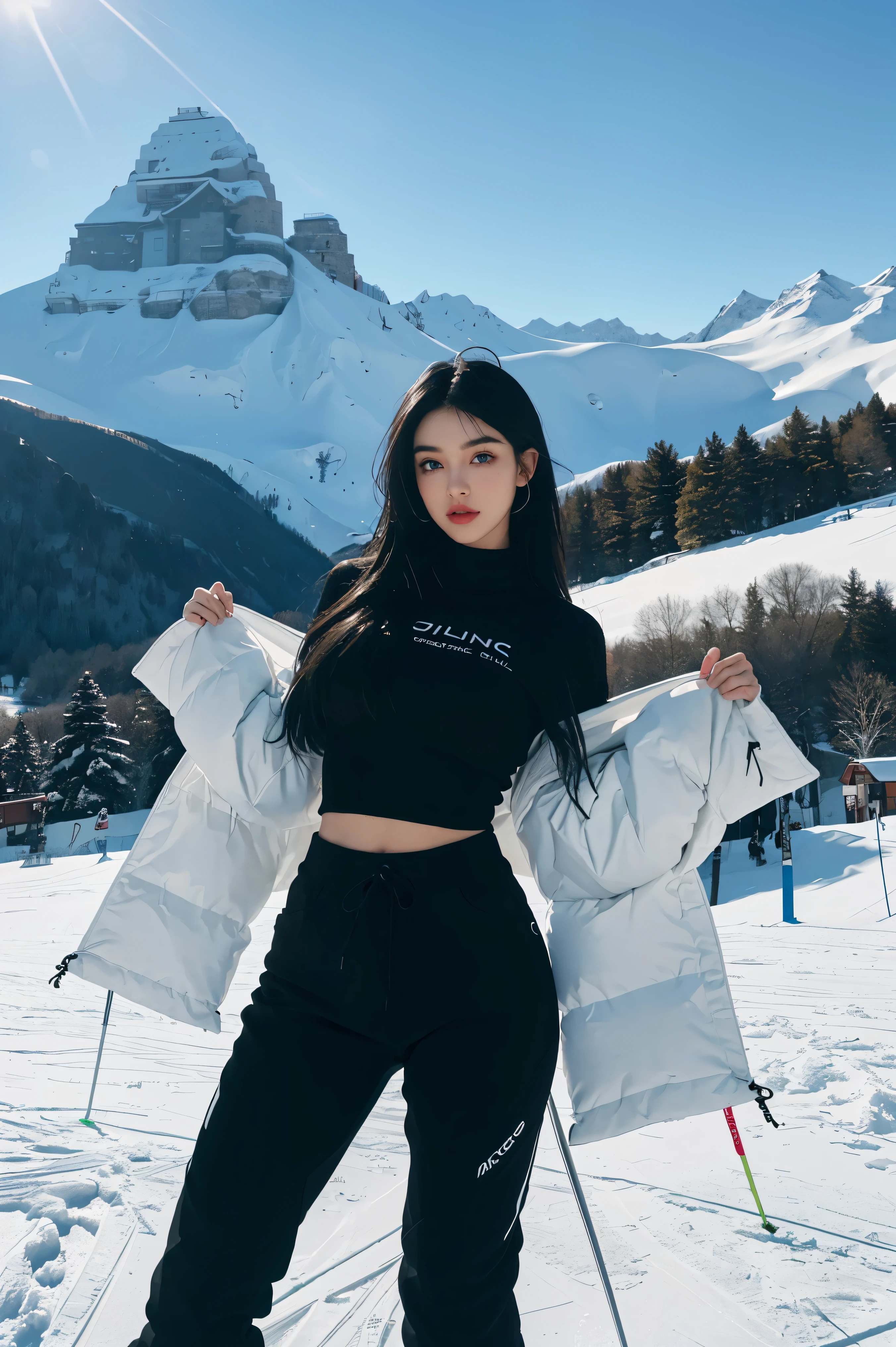 black hair, Madison Beer, Nicola Cavanis, ski pants, topless, 8K, top quality, Complex details, very detailed content, ultra high resolution, masterpiece, enlargement, (whole body: 1.1), slim, laugh, (assembly: 0.4), (puffy blue eyes: 1.21), blue eye wool body)), 1 woman, Only, 1 girl, whole body, ((whole body)), enlargement, , ((High)), (((fit your body))), (((slimes Gesicht))), sharp Gesicht, sharp, hair without eyes, long hair)) , (Detailliertes Gesicht), sharp Gesicht, small lips, standing, ski pants, (ski pants), ((ski pants)), (((ski pants))) Detailliertes Gesicht, detail chest, , big breasts, Detail, , Botox for chest, big, perfect body, Detail legs, (((black hair))), ((black hair)), (black hair), ski resort, (ski resort), ((ski resort)), (((ski resort))),