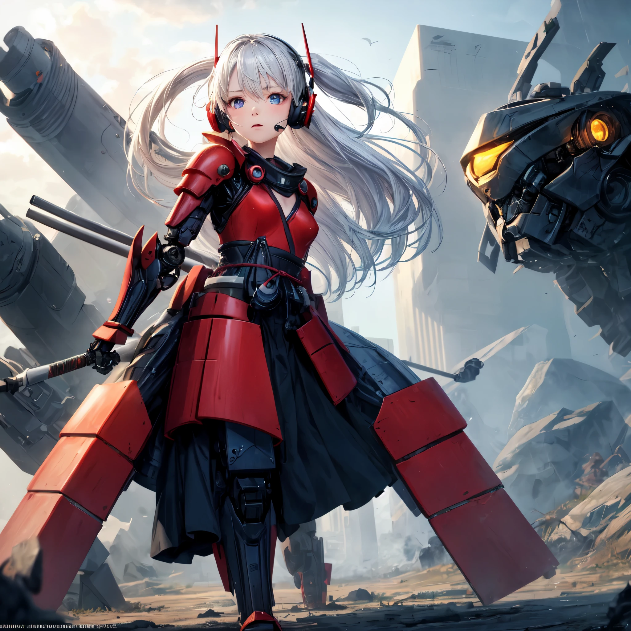 ((best quality)), ((masterpiece)), (detailed), perfect face,
Girl, silver long pigtail hair (hair floating in air like being blown by wind), small breasts, focused expression in the eyes (from eyes is emitting light),
red Sci-fi power armor resembling samurai, armoured skirt, left hand replaced with robotic prosthetics , wearing headset, 
Full body look, character always facing forward, focus on face,