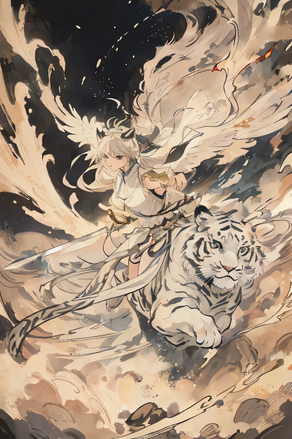 White Tiger，Mythical，feather，wing，Woman riding White Tiger，Women have four wings，With a long sword in his hand