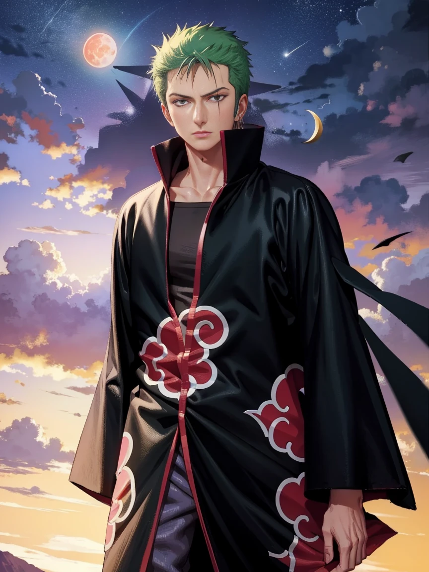 (masterpiece), (best quality), ultra high res, professional artwork, ultra detailed, intricate, detailed face, perfect lighting, 1boy, green hair, (purple eyes), AKATSUKI OUTFIT, ninja, black cloak, black coat, high collar, collarbone, head, night, night sky, crescent moon, red moon, outdoors, (cowboy shot, far shot), blunt bangs, Roronoa Zoro, Zoro,