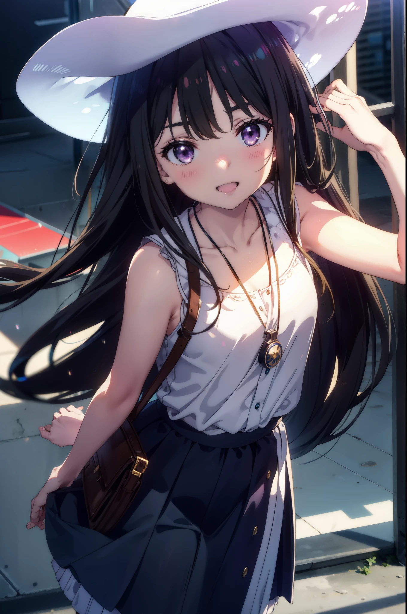 Takiuchi, Inoue Check, Long Hair, bangs, Black Hair, (Purple eyes:1.2),happy smile, smile, Open your mouth,smile,blush,Blue long skirt dress,Sleeveless,Bare arms,Rocket Pendant,Cute Sandals,White Hat,real summer,sunny,As if your whole body is in the illustration,
break outdoors, Coastal Road,City Street,
break looking at viewer, (Cowboy Shot:1.5),
break (masterpiece:1.2), highest quality, High resolution, unity 8k wallpaper, (shape:0.8), (Beautiful details:1.6), Highly detailed face, Perfect lighting, Extremely detailed CG, (Perfect hands, Perfect Anatomy),