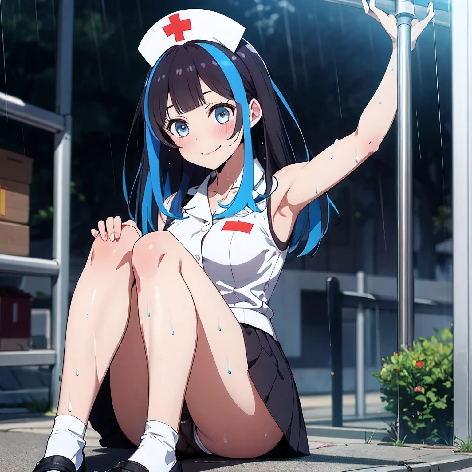 a matter of fact, daytime, sunlight, 1 girl, 8K resolution, blue hair, blue eyes, glowing eyes, white short skirt, Blush, nurse cosplay, sleeveless shirt, sunlight, Wet from the rain, seethrough, Sit with your knees raised, pussy, smile, the skirt is lifted up, highest quality, perfect lighting, perfect hands, perfect anatomy, mini yaemori, perfect figure, in love expression, armpit, semen driping from pussy,