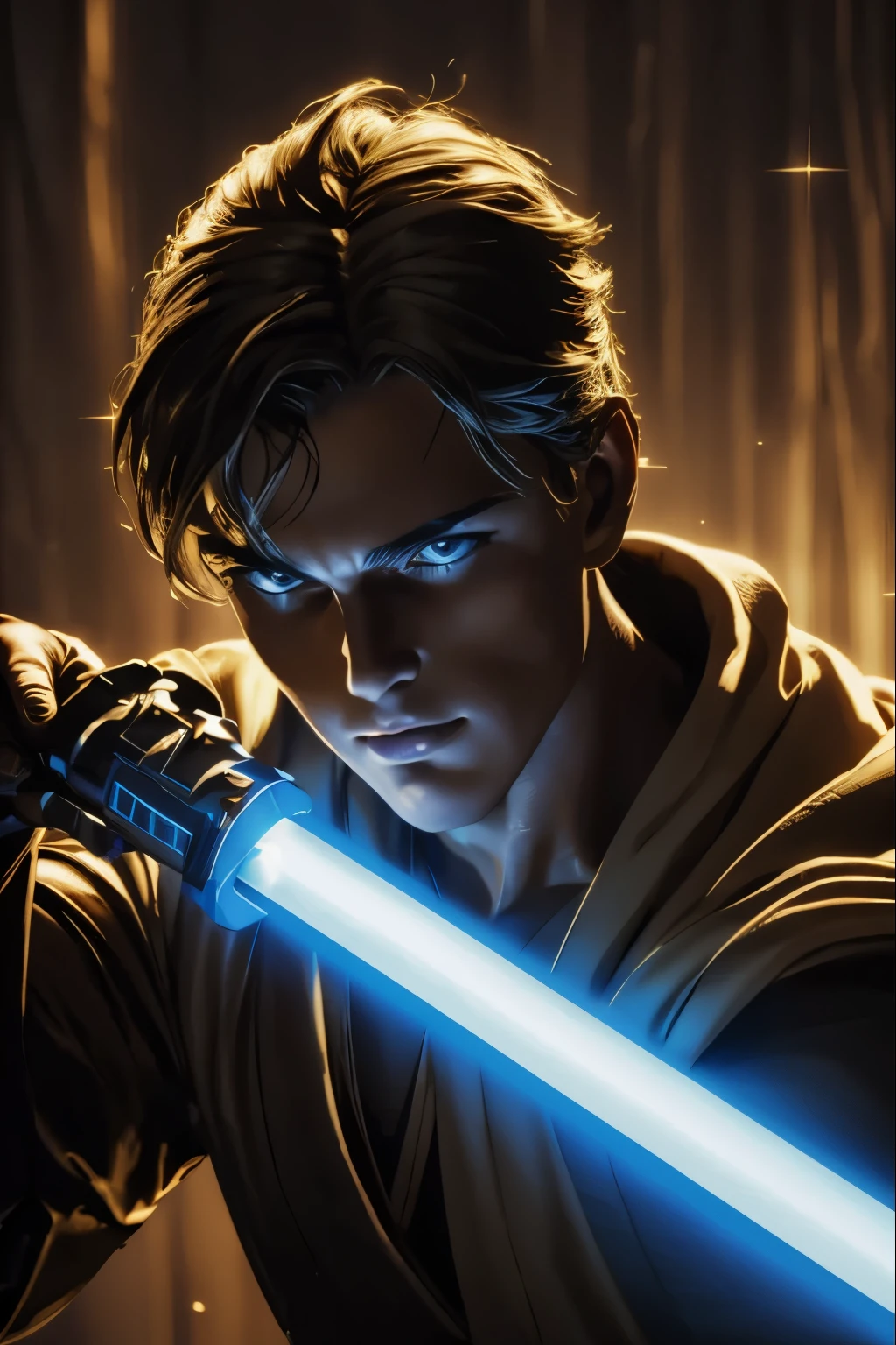 "(best quality,highres),sexy male jedi knight,beautiful detailed eyes,long eyelashes light tan robe, holding a blue lightsaber, portraits,star wars background,vivid colors,studio lighting"