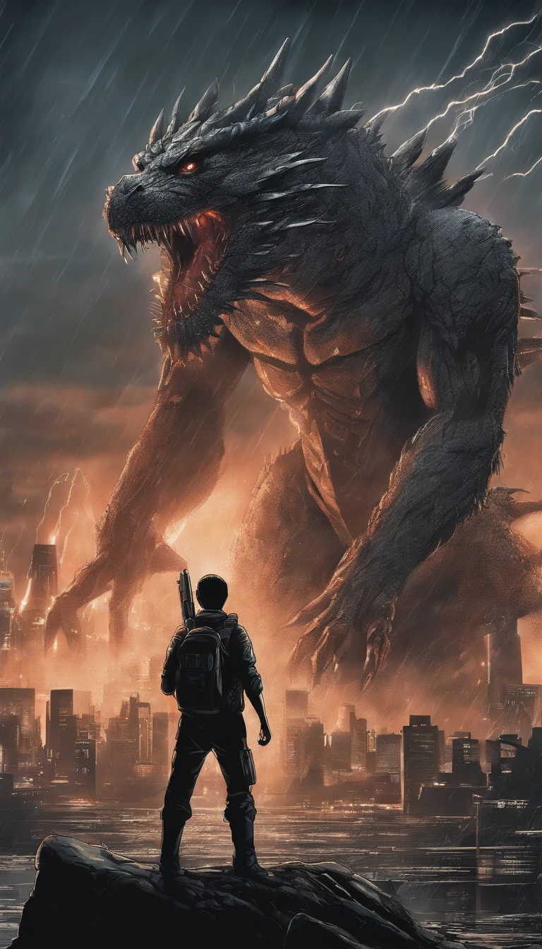 kaiju with thunder all around him. Shout. Kuala Lumpir cityscape in background at night. A young ager with big cannon aiming at kaiju