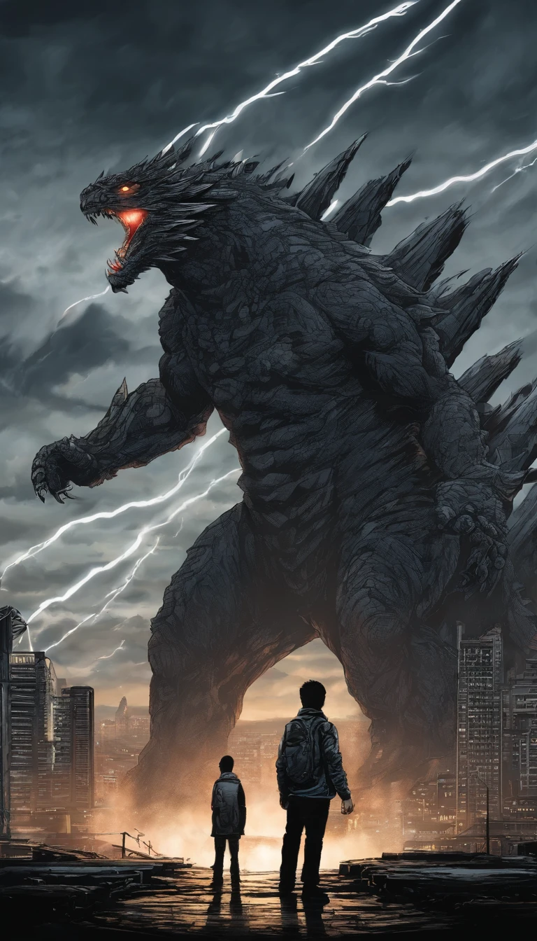 kaiju with thunder all around him. Shout. Kuala Lumpir cityscape in background at night. A young ager with big cannon aiming at kaiju