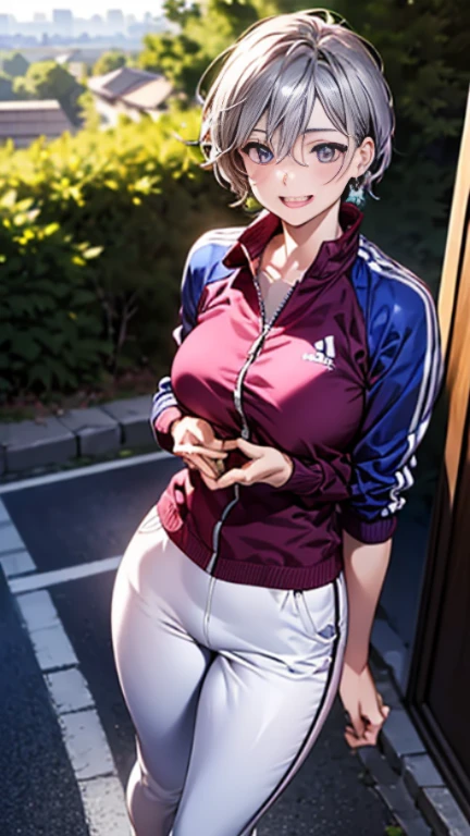 (masterpiece:1.2, highest quality), (realistic, photorealistic:1.4), beautiful illustrations, (natural side lighting, movie lighting),
looking at the viewer, (focus on the chest), (From above:1.1), close,
((1 mature woman, Japanese, 28 years old)), High school physical education teacher, perfect face, Cute symmetrical face, shiny skin, ,
((handsome short hair:1.6, shaggy cut, dark silver purple hair)), hair between eyes, The chest of an idol with deep purple eyes, seductive thighs, big ass), earrings,
beautiful hair, beautiful face, thin and beautiful eyes, beautiful clavicle, beautiful body, beautiful breasts, beautiful thighs, beautiful feet, beautiful fingers,
((blue tracksuit, white pants)),
(beautiful scenery), evening, outdoors, walk, (smile, open your mouth),