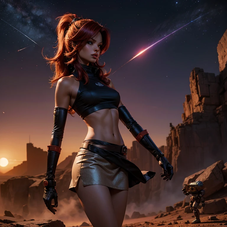 Realistic photography, high quality, Leela from Futurama catches evil robots on Mars, she is wearing a short skirt and a tight top, thin waist, detailed face, Moonlight night, thin hips, (nuclear explosion in the distance: 1.1), strong wind, magic light, Danger
