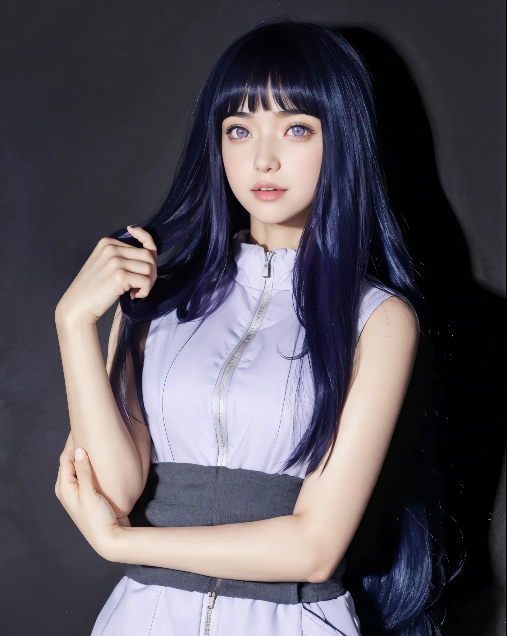 close up image of a person with long hair and a hoodie, hinata hyuga, hinata hyuga from naruto, from naruto, as an anime character, perfect anime face, she has dark blue hair with bangs, female anime character, anime characters, best anime girls, style hime cut hair, dark blue hair, pink lips, light purple eyes, smile, (pretty face:1.3), city background