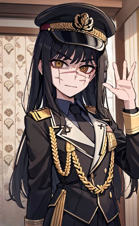 (Masterpiece, best quality: 1.2), alone, 1 girl, Yoru \(Chainsaw Man\), looking at the audience, different poses, conjunctivitis, long hair, Deep black hair, A reference to the clothing of German generals in World War II., black long sleeve (best quality), Scars on the face, beautiful eyes, You only have 2 arms., There were war medals on his clothes.,  black military hat, Golden eagle medallion on clothes, (Wallpaper), (8k HD), (8k HD), Gold shoulder pads, Sprite, 1 single design (Masterpiece, best quality: 1.2), alone, 1 girl, Yoru \(Chainsaw Man\), looking at the audience, smile, be happy, different poses, conjunctivitis, long hair, Deep black hair, A reference to the clothing of German generals from World War II., black long sleeve (best quality), Scars on the face, beautiful eyes, He only has 2 arms., well made hand, เขาThere were war medals on his clothes., black military hat, Golden eagle coins in set, (Wallpaper), (8k HD), (8k HD), Gold shoulder pads, Sprite, 1 single design