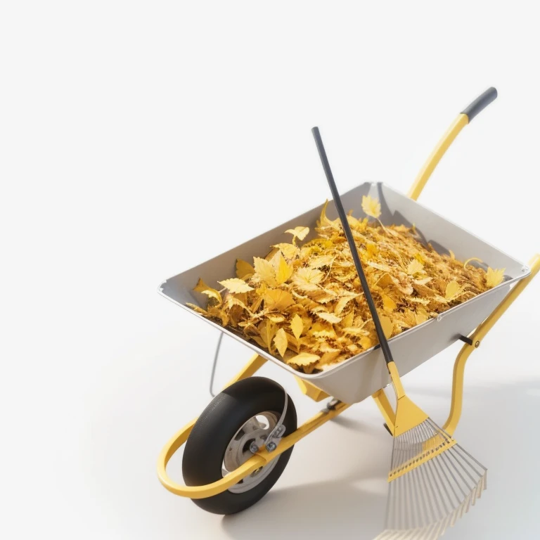 Close-up of a wheelbarrow with a bunch of yellow leaves, with many yellow leaves, advertising render, depicted as a 3D rendering, by Jeonsuk Lee, has a yellow color, skeleton keys and yellow leaves, realistic yellow leaves, , digital rendering, clean digital rendering, high quality product photo, Product Rendering, with a bunch of yellow leaves around it