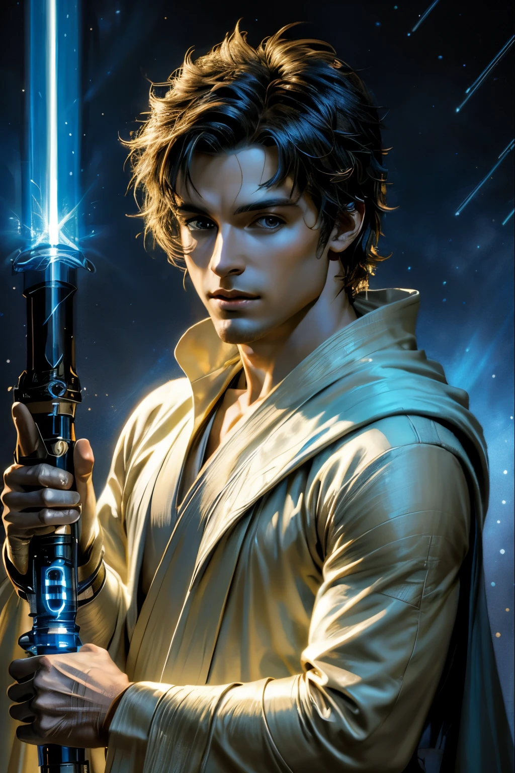 "(best quality,highres),sexy male jedi knight,beautiful detailed eyes,long eyelashes light tan robe, holding a blue lightsaber, portraits,star wars background,vivid colors,studio lighting"