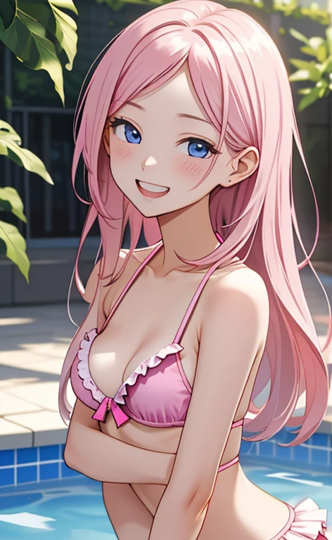 (masterpiece:1.4、top-quality、illustration:1.4,realistic、)、(character focus、breast focus,upper body:1.3)、(1girl),(Open mouth happy grin:1.3),(half closed eyes),cute face,blue eyes、()、
,(stand:1.4),(Shining smile),
,(slender),(pink frilled bikini,paleo:1.3),(pink long hair:1.6,forehead:1.3), (small breasts:1.3)、
、slender、pool,、