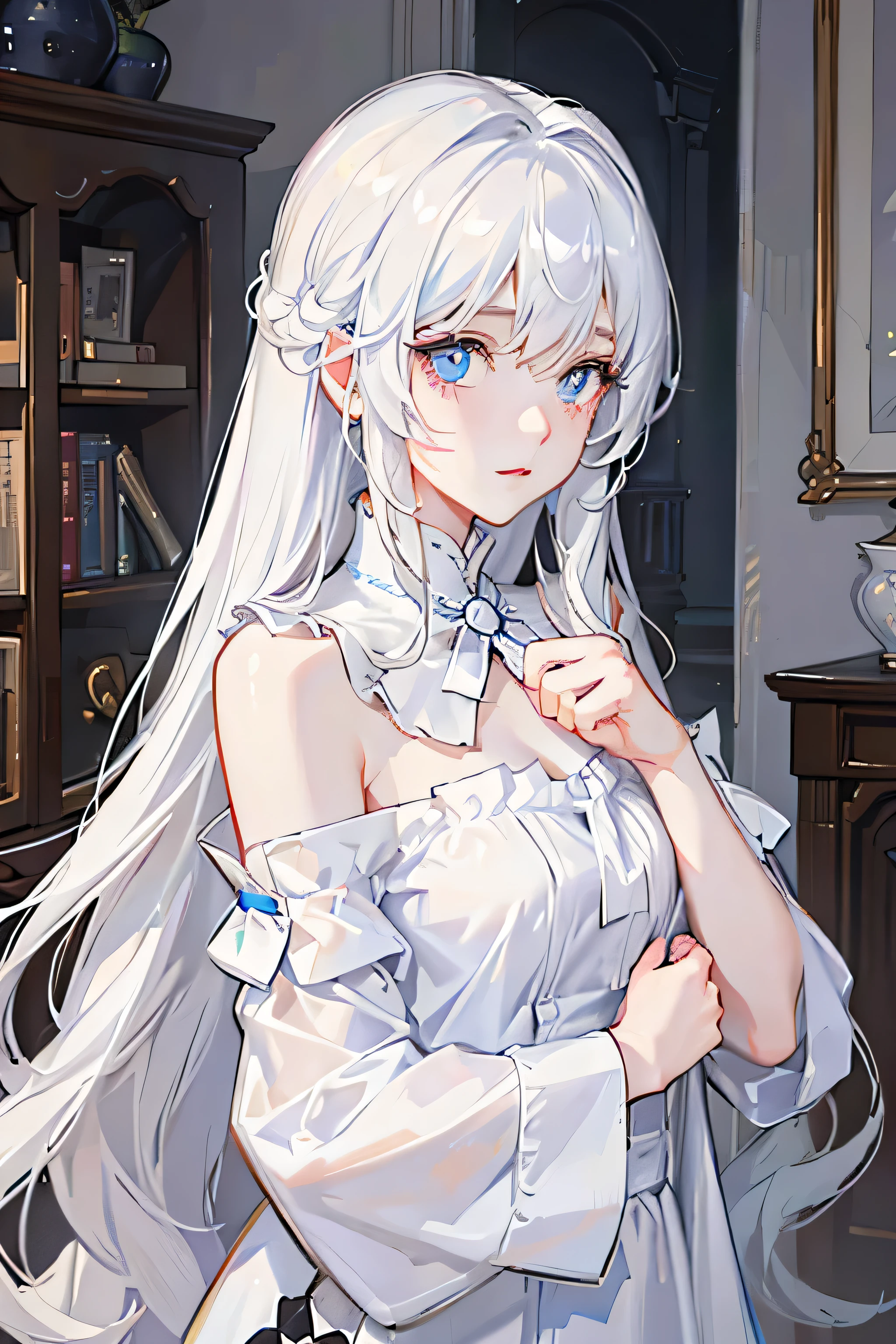 Long white hair draped over shoulders,Light blue pupils,Fair skin,Very gentle,White short sleeve,Lazy girl at home,Hazy light