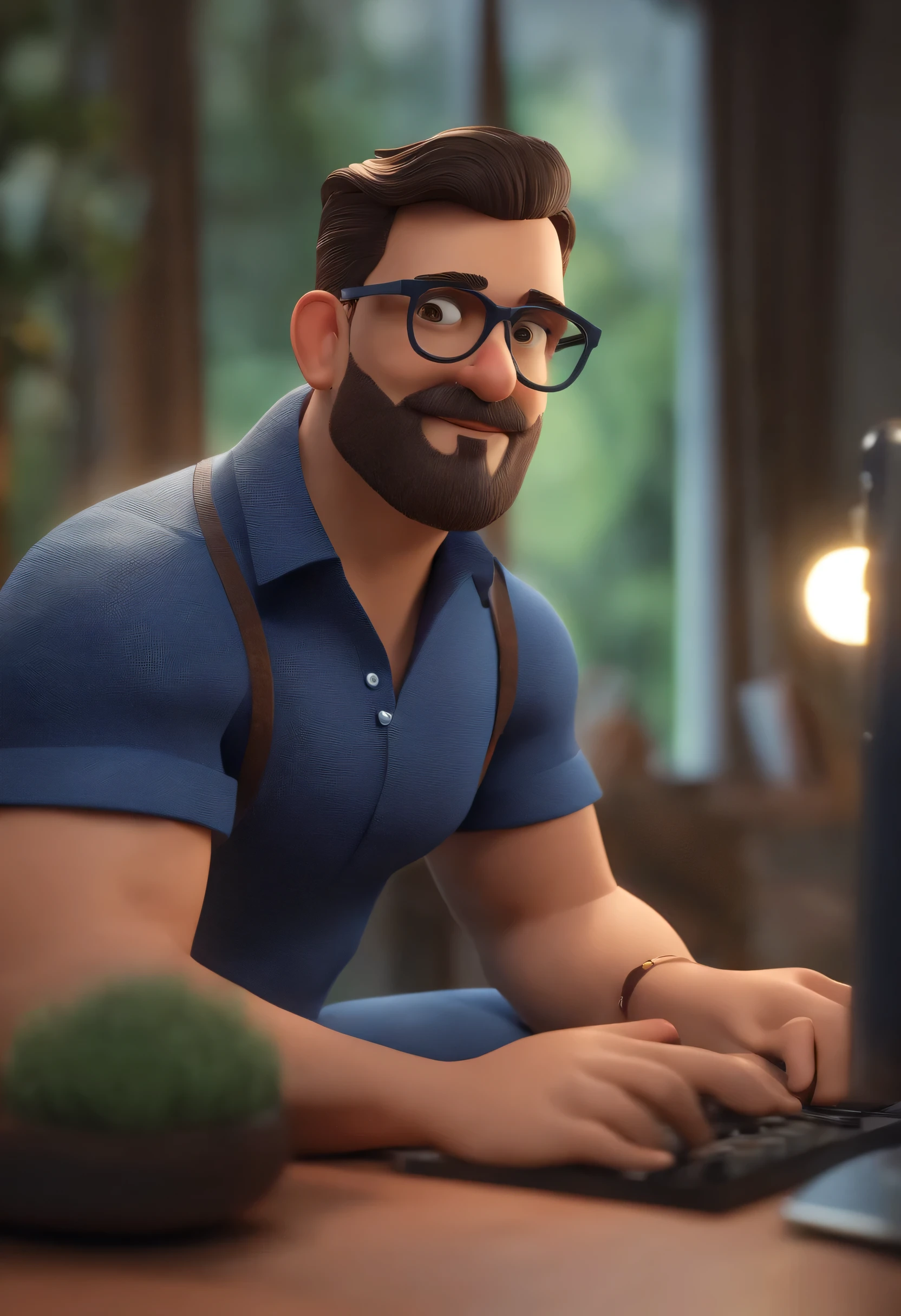 Cartoon character of a man in black glasses and blue shirt, um personagem animado, Caractere estilizado, animation style rendering, 3D estilizado, Arnold Maya rendering, Stylized 3D rendering, toon render screenshot, Personagem 3D, Personagem 3D, Stylized 3D rendering, 3D character rendering, personagem de desenho animado, Personagem de close up, Pose de personagem, (Estilo Pixar) (parte mestre:1.2) (Bokeh) (melhor qualidade) (pele detalhada) (textura detalhada) (8k) (argila) (cinematic lighting) (sharp focus,Senta e vaza a parte superior do corpo