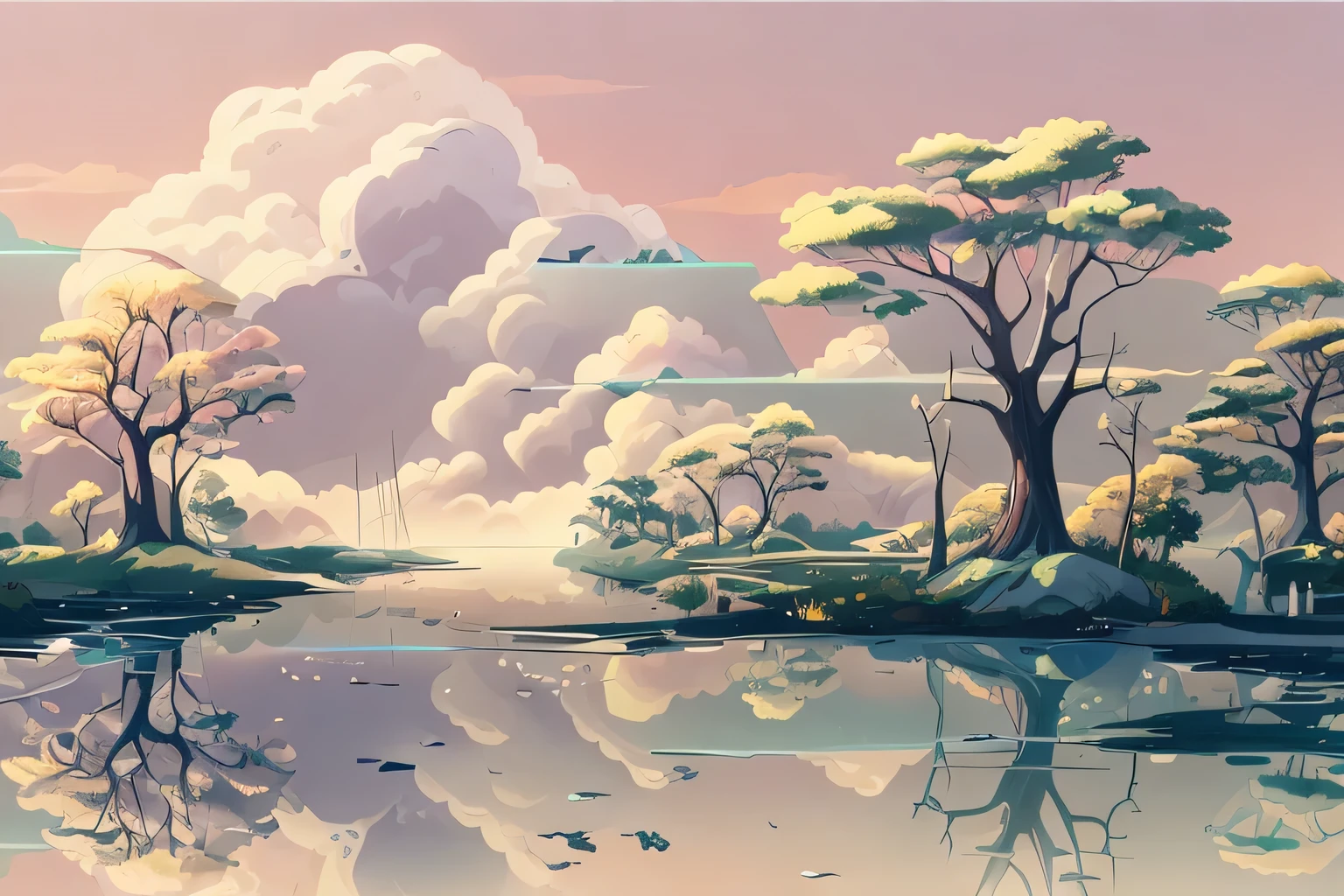 close-up picture of a lake with trees and clouds, digital landscape art, Highly detailed 4K digital art, decorations, 4k hd wallpaper illustration, stylized digital art, Very beautiful digital art, Detailed digital art 4k, widescreen digital art 8k, 4k HD illustrative wallpaper, digital art rendering, background image