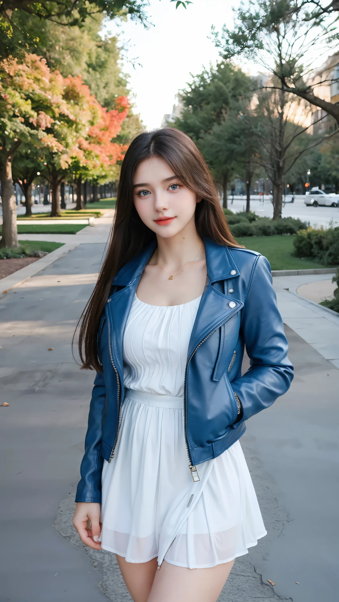Gorgeus Girl, Beautiful, , 20 Years Old, White Skin, Sexy Pose, White Loose Halfway Dress, Blue Eye, Muscles, Bokeh, park Background, Masterpiece, Fullbody Shot, Leather Jacket Long Sleeve Zipper